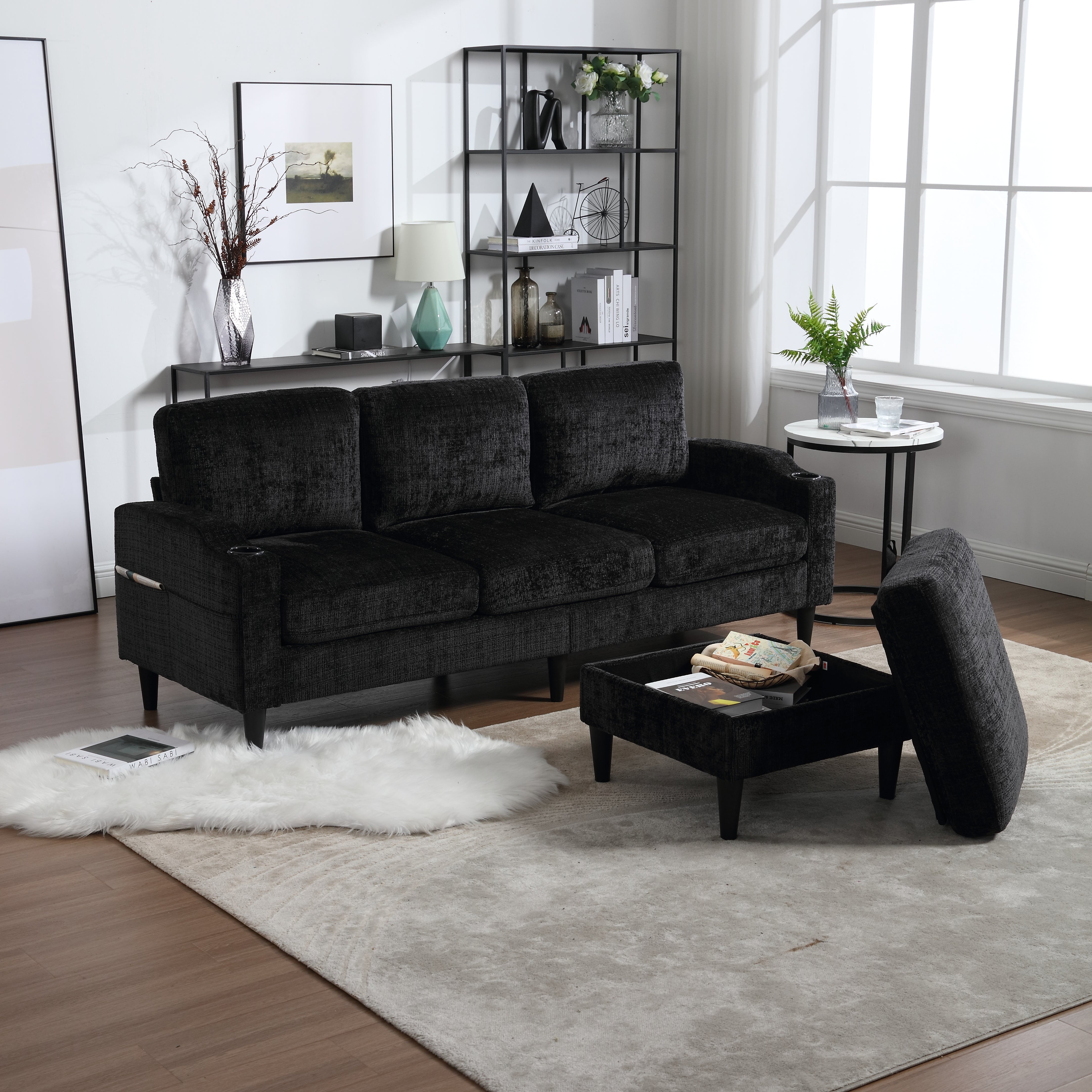 Sofa with Footstool & Storage, 4-Seater with Cup Holder, Velvet