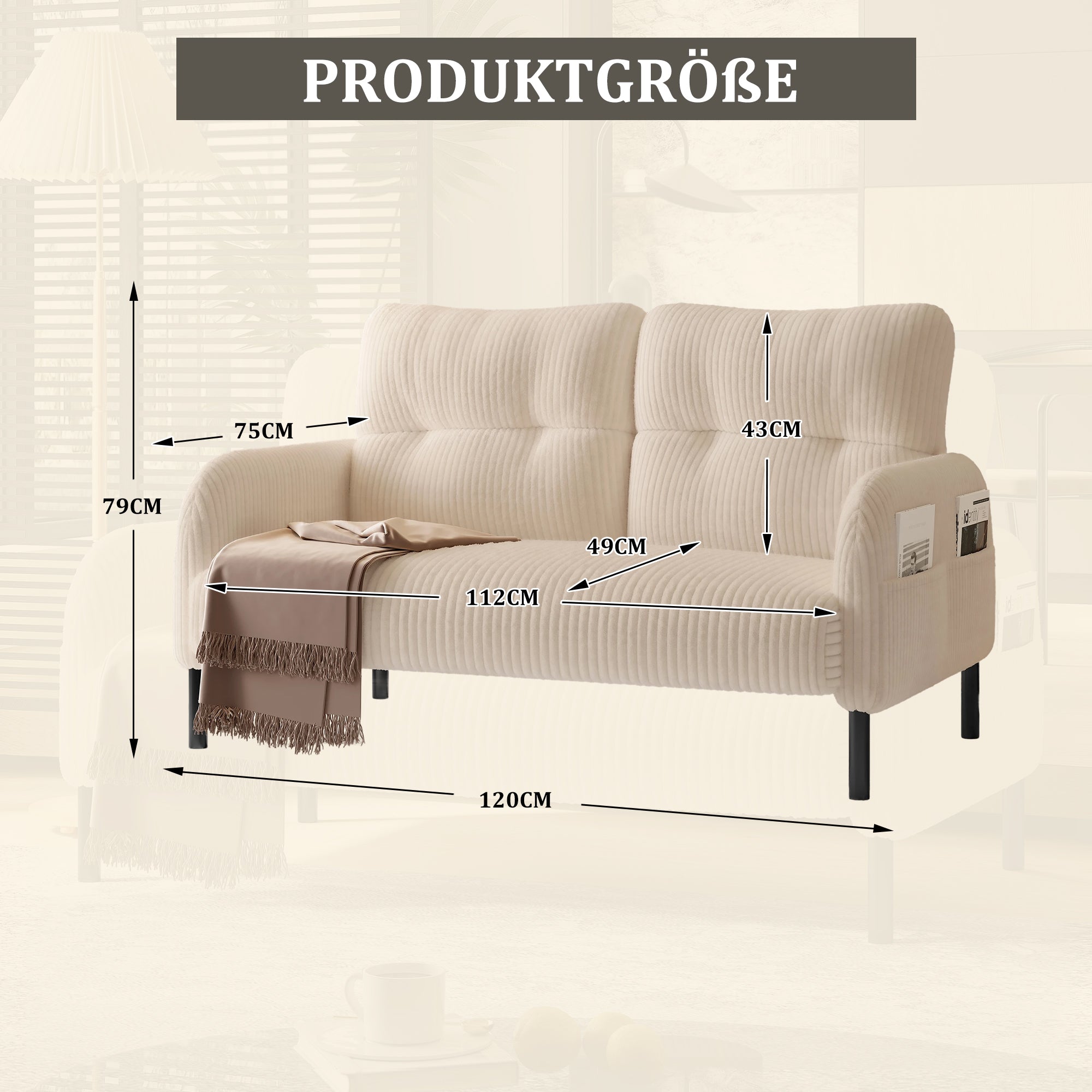 Corduroy Two-Seater Sofa, Comfort Padding High Back Side Pockets, Metal Feet
