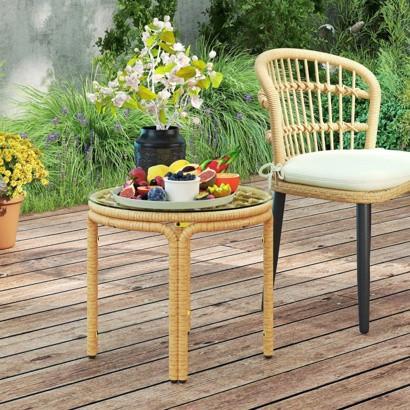 Beistelltisch, runder Couchtisch, Glasplatte, Polyrattan, Gelb