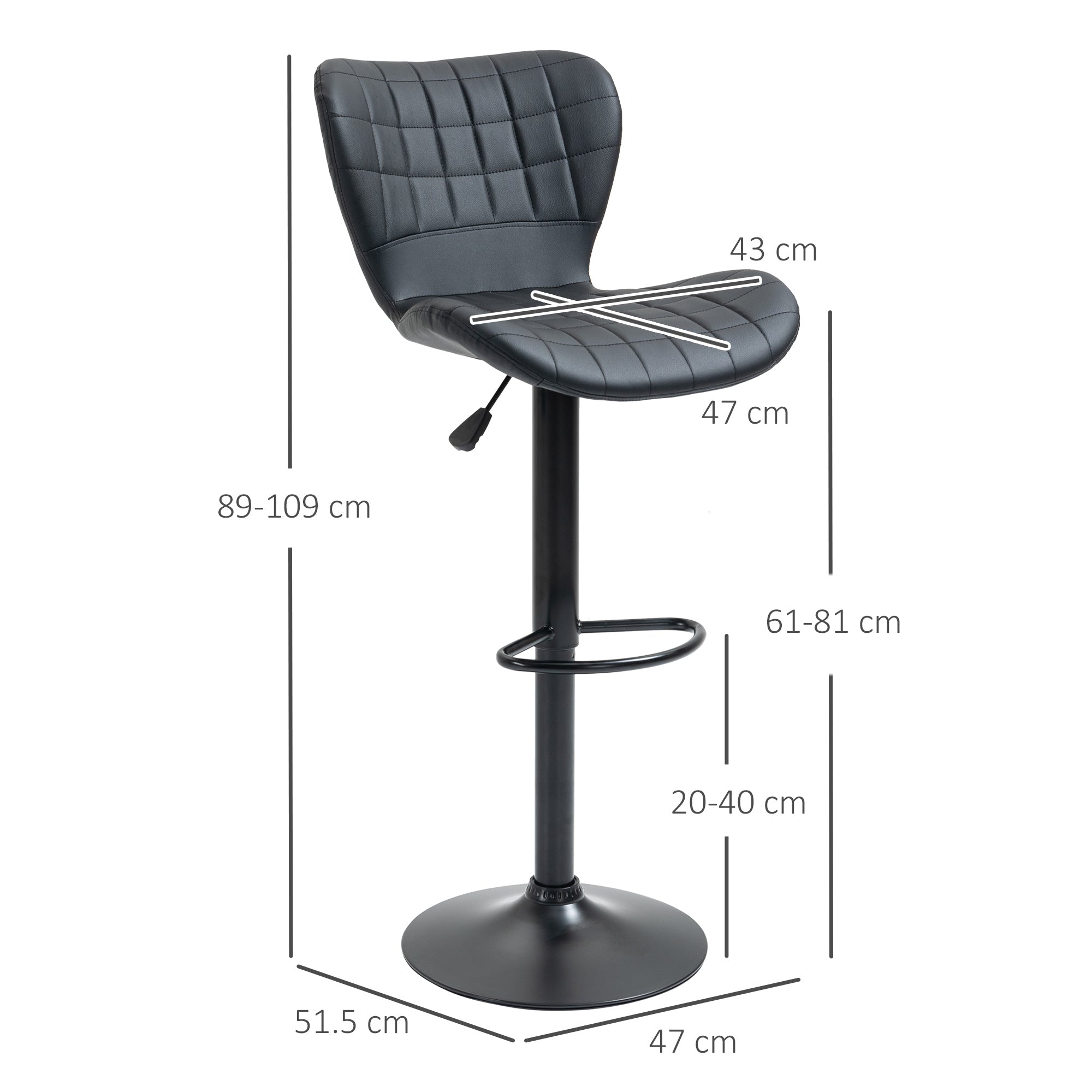 Bar Stool Set of 2, Retro Design 360° Swivel Height Adjustable, Black Leather