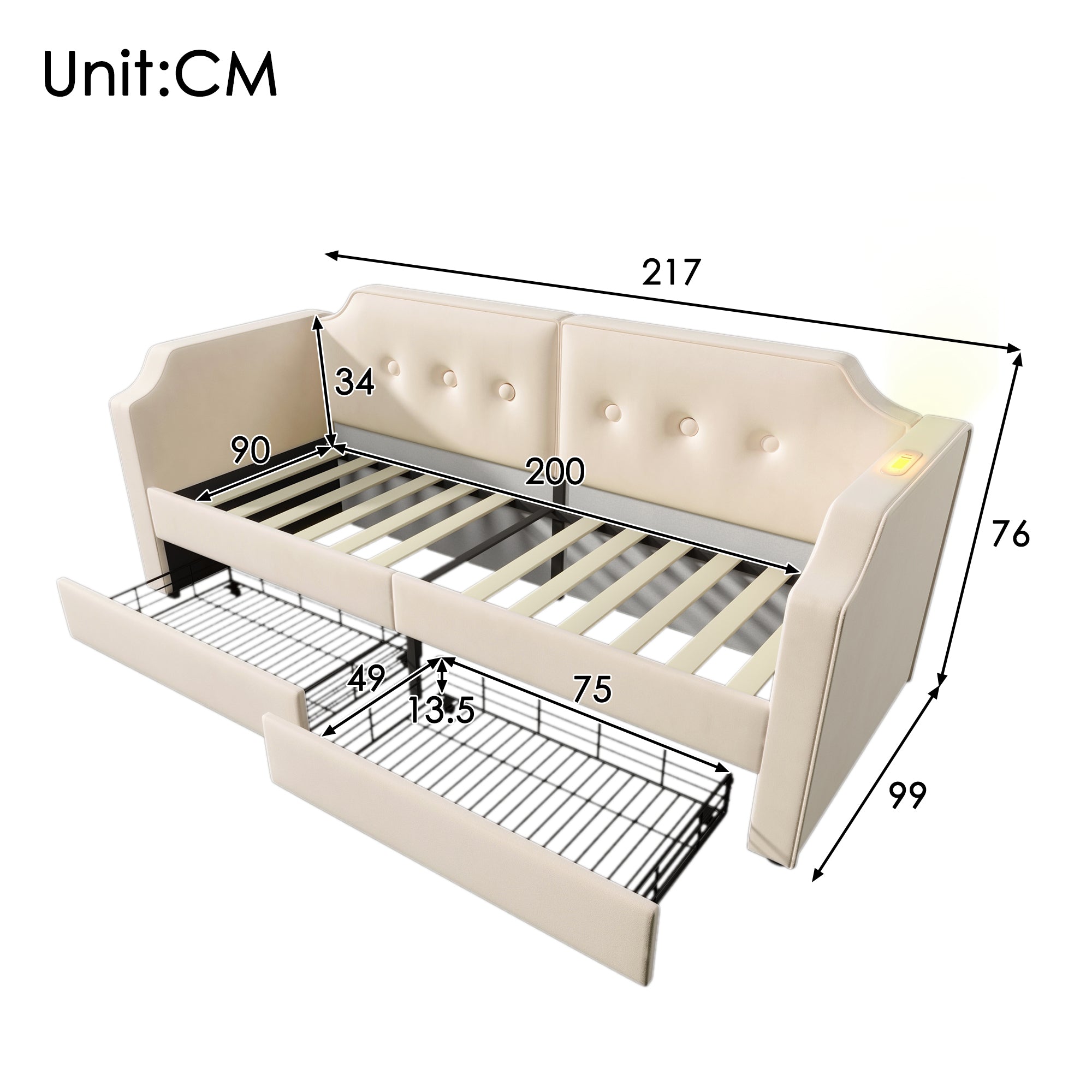 Upholstered Sofa Bed, 90x200 cm, USB Type-C Light, 2 Drawers, Velvet Beige