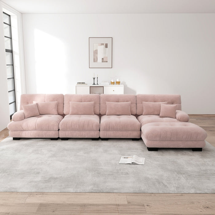 Modular Corner Sofa, L-shaped 4-Seater with Movable Ottoman, Chenille Pink