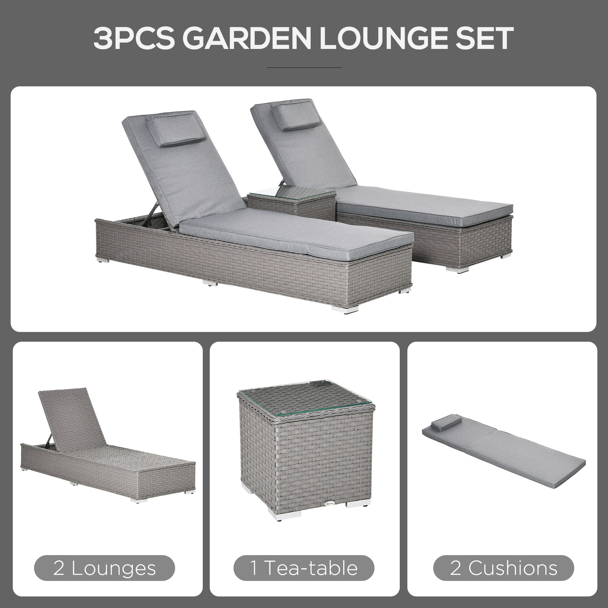 3 Pieces Sun Lounger Set, 5-Position Reclining Chairs and Table, Rattan Wicker, Grey