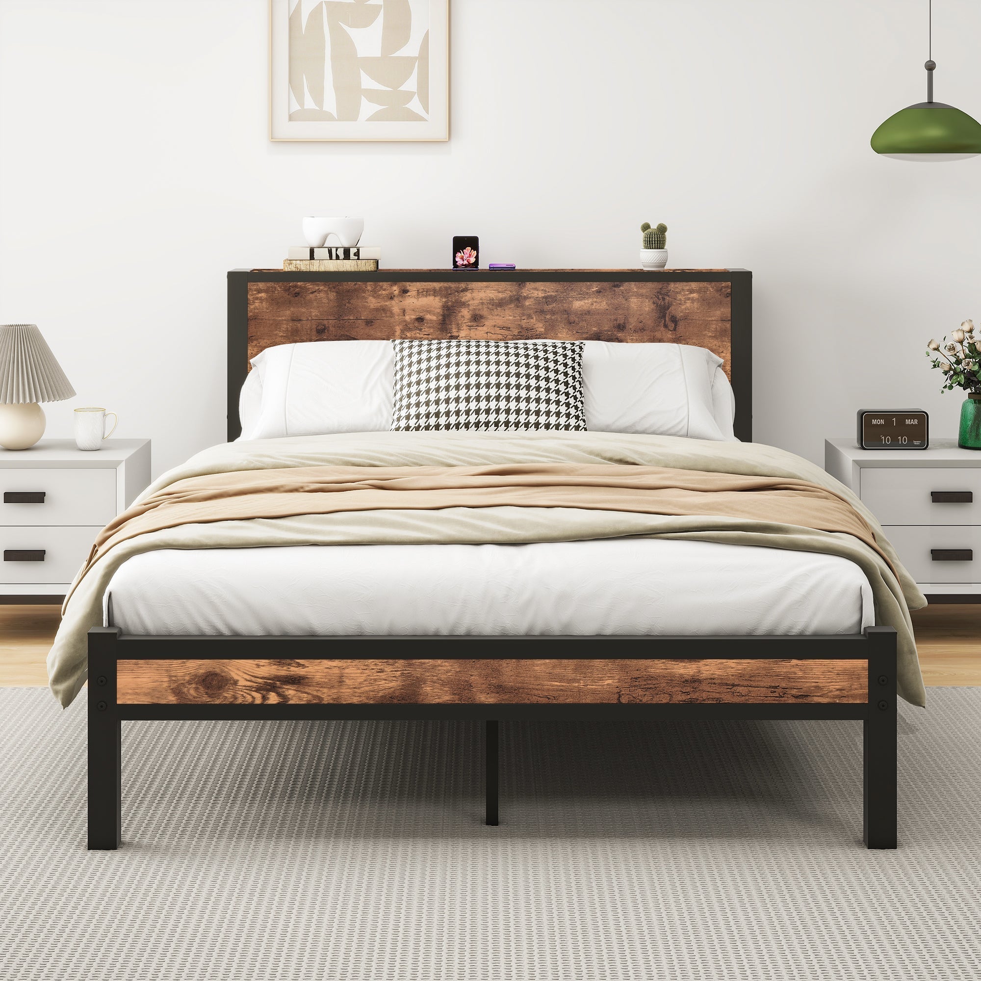 Metal Platform Bed Frame 140x200cm Storage Headboard Noiseless, Vintage Brown