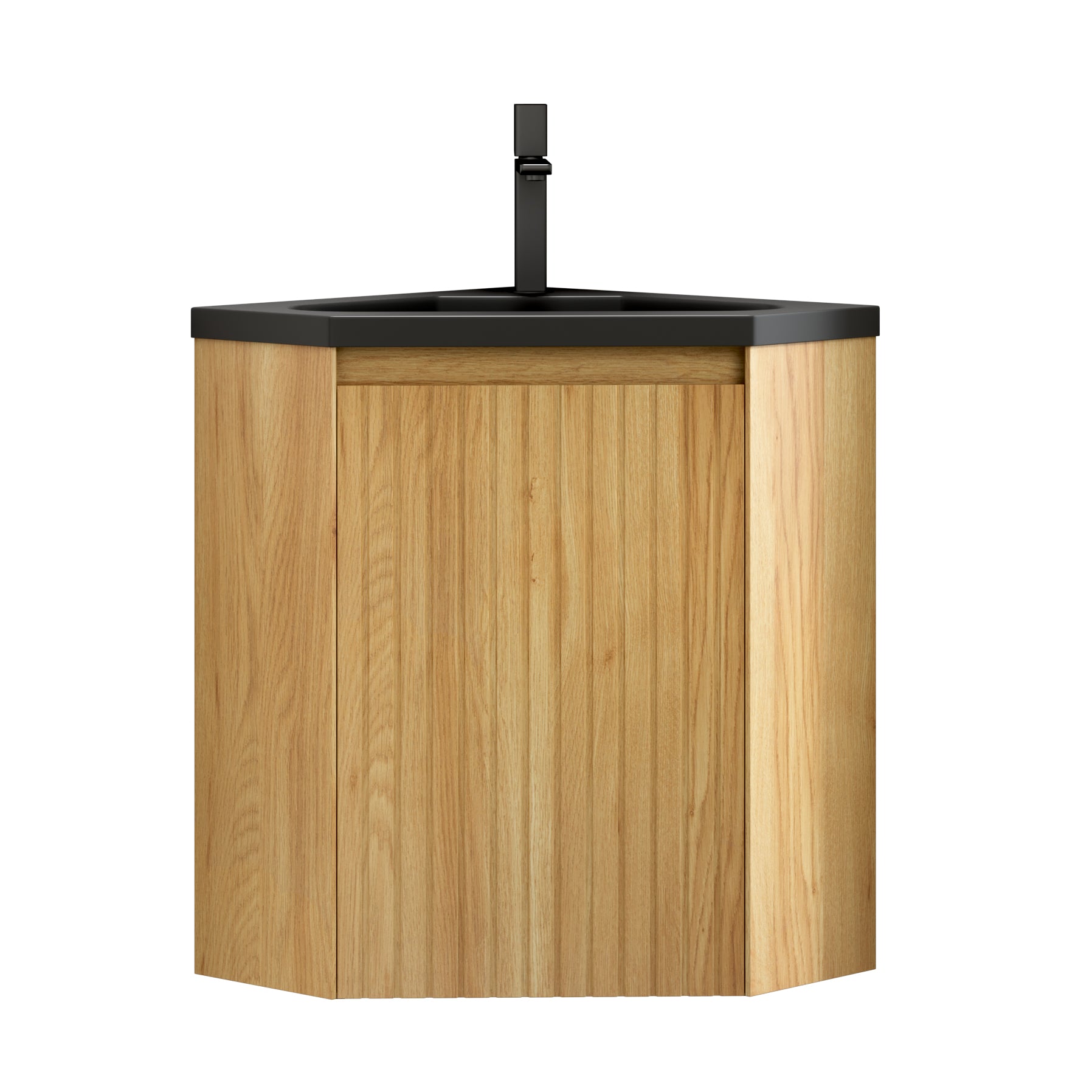 ZURI 38cm Wall Mount Bathroom Vanity Unit with Matt Black Resin Basin, Triangular Plywood Cabinets, Natural Wood