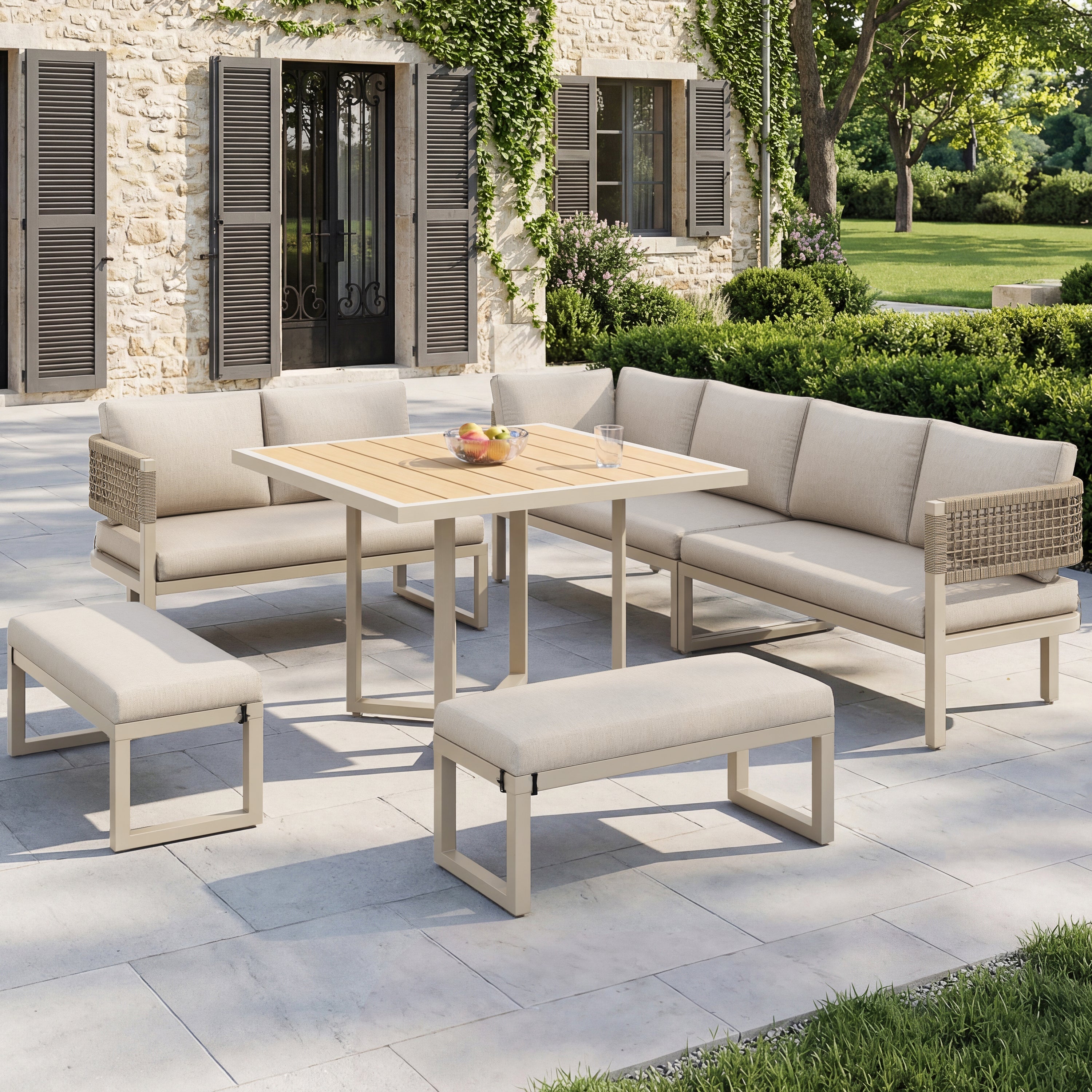 Garden Lounge Set for 8-10 People with Large Dining Table and Cushions, Plastic Wood and Ropework