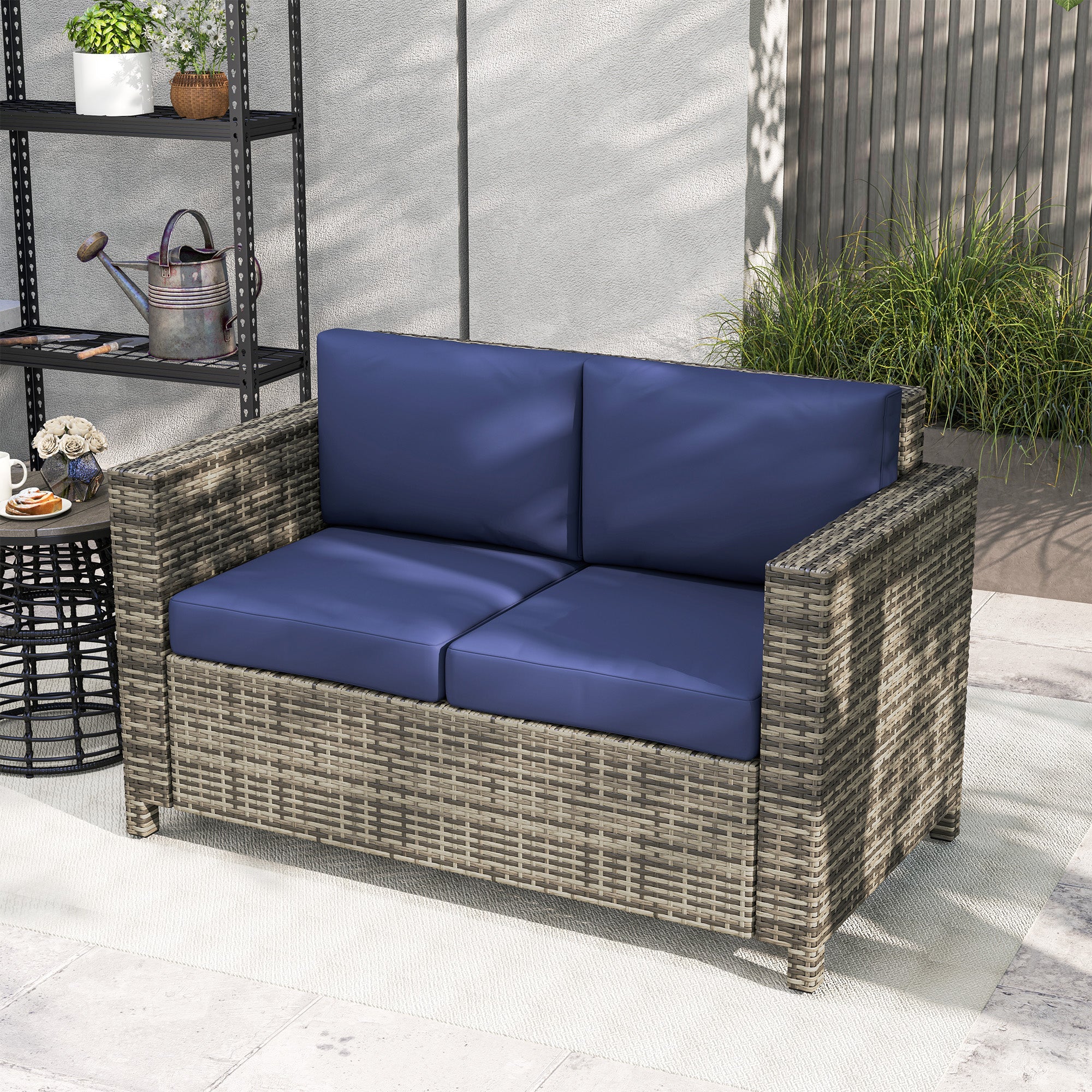 Rattan Sofa, 2 Seater Garden Loveseat with Soft Padded Cushion, Navy Blue