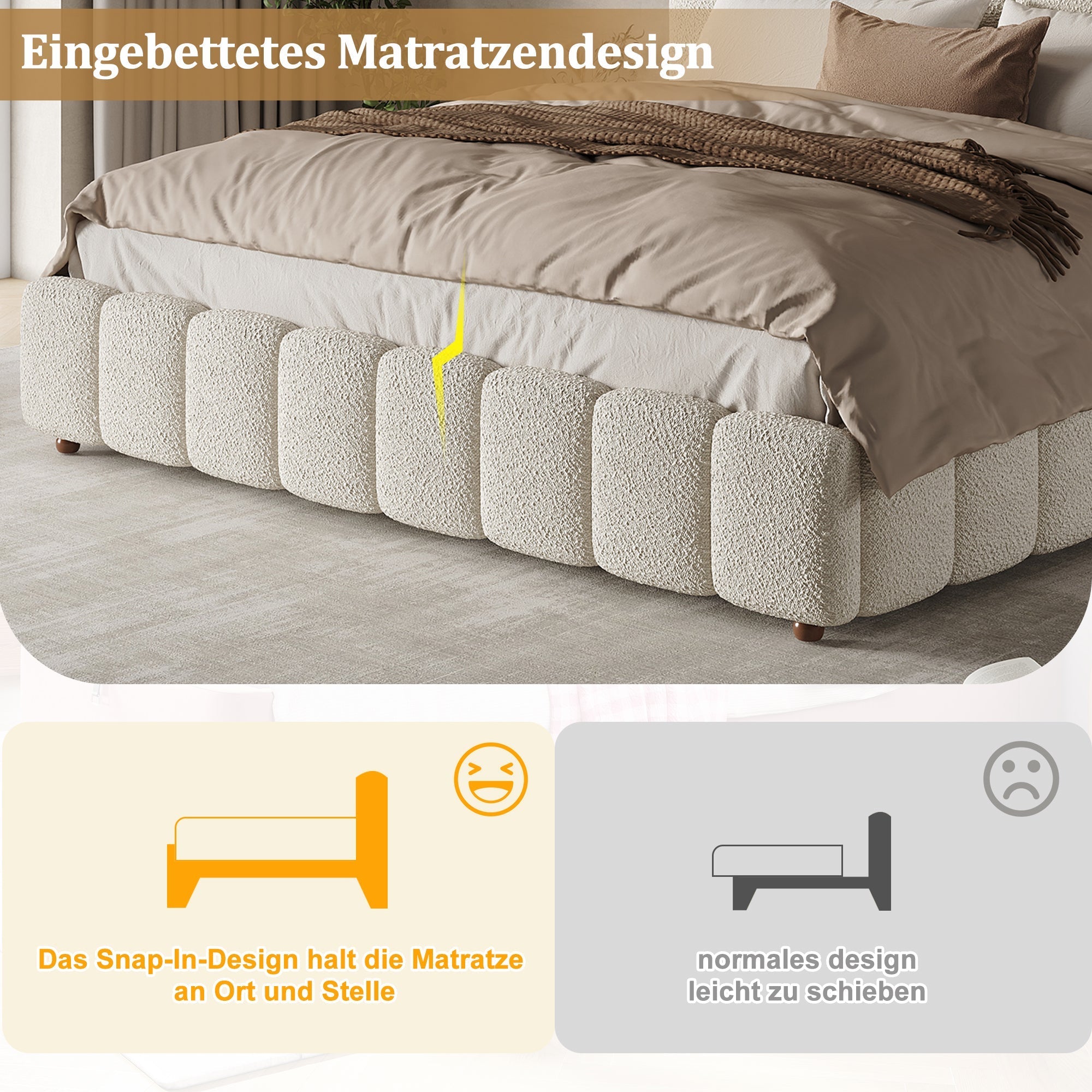 Upholstered Double Bed with Hydraulic Storage and Slatted Frame, 160x200cm, White Bouclé