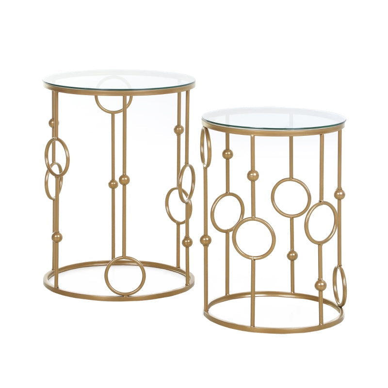 Set of 2 Coffee Tables, Glass Tops, Hoop and Ball Design, Gold