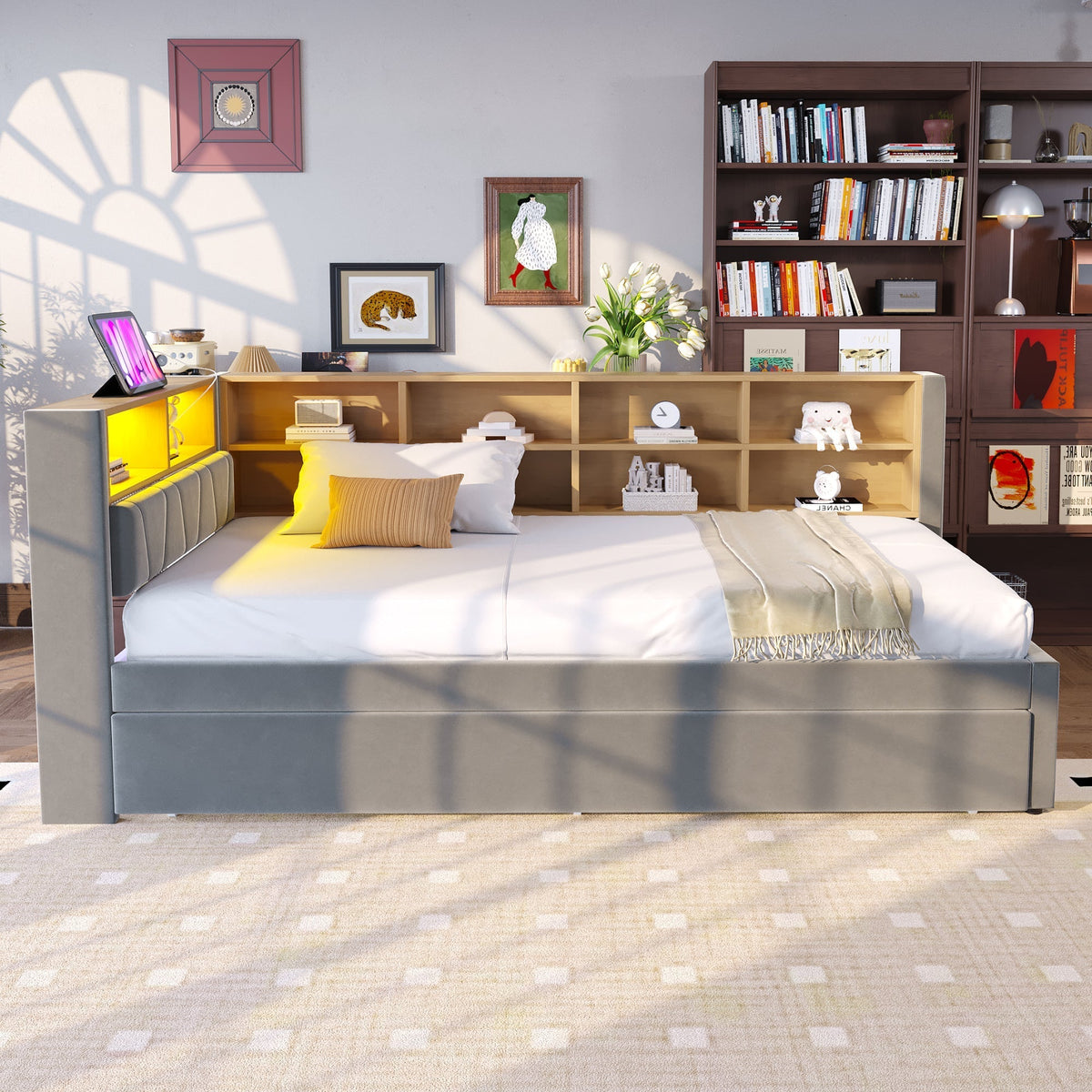 Sofa Bed 90x200 Pull-out LED Storage Flannel Dark Grey