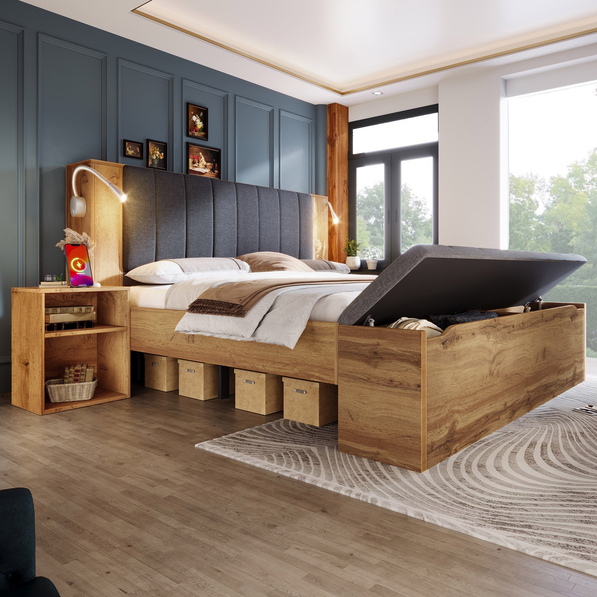 Double Bed 180x200cm with Fold-Down Headboard, Storage, Nightstands, Bed Bench and USB Lamps, Oak Color