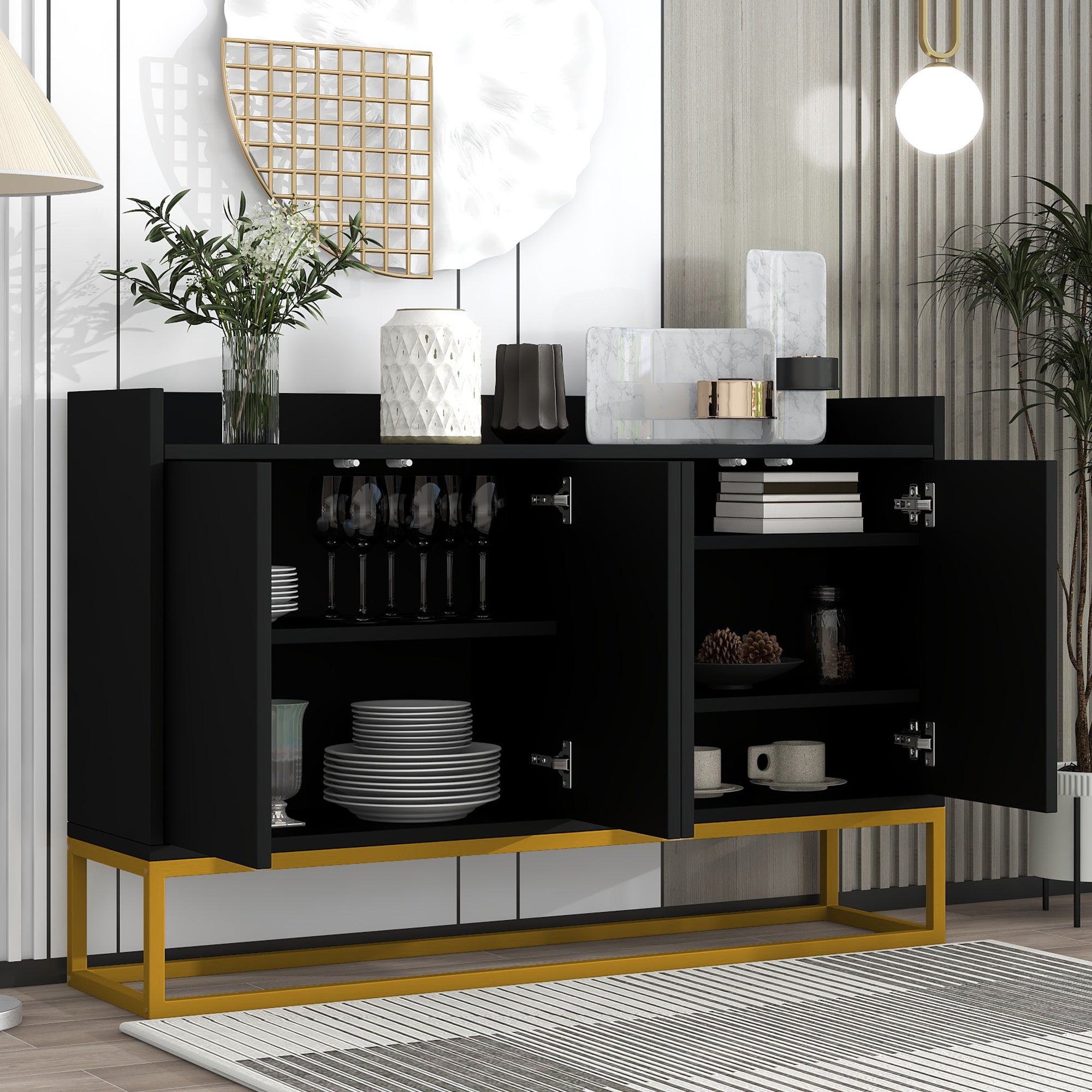 Sideboard, Minimalist 4-Door Handleless Buffet, Black