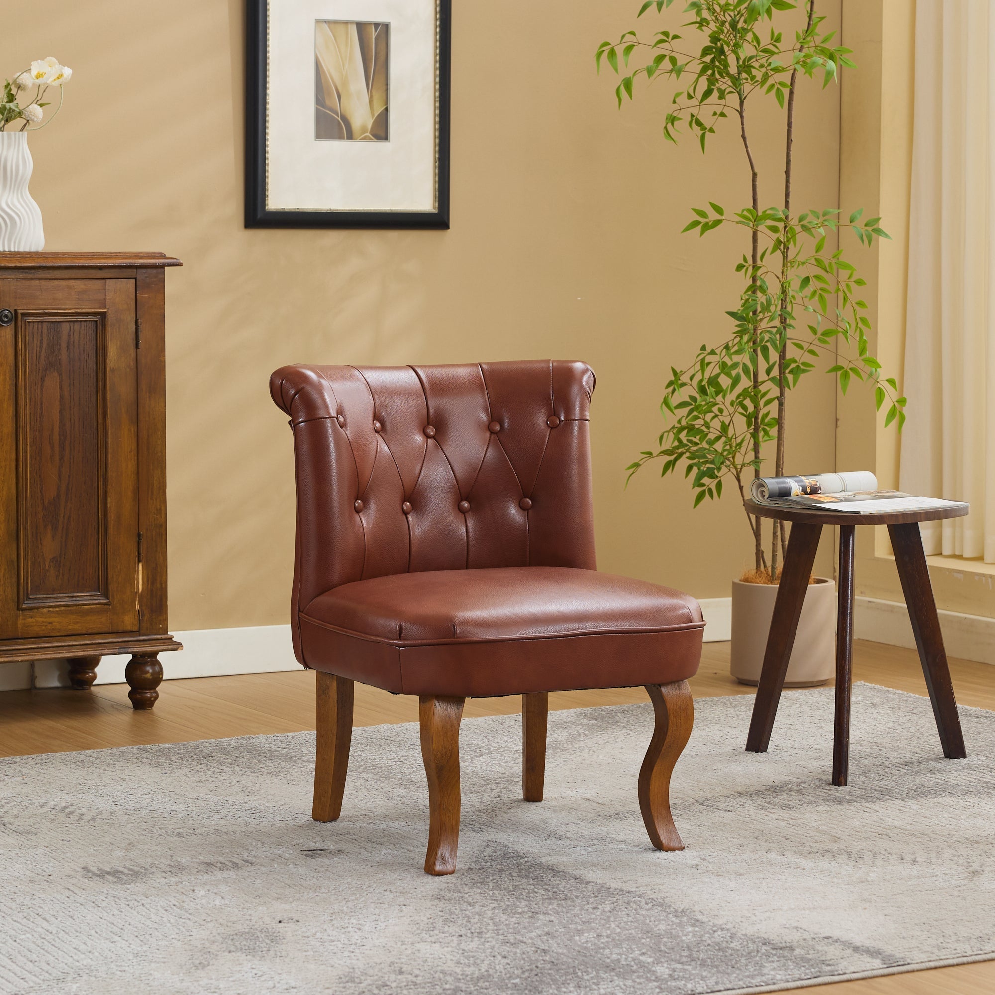 Lounge Chair Comfortable Armchair Solid Rubberwood Legs Brown Genuine Leather