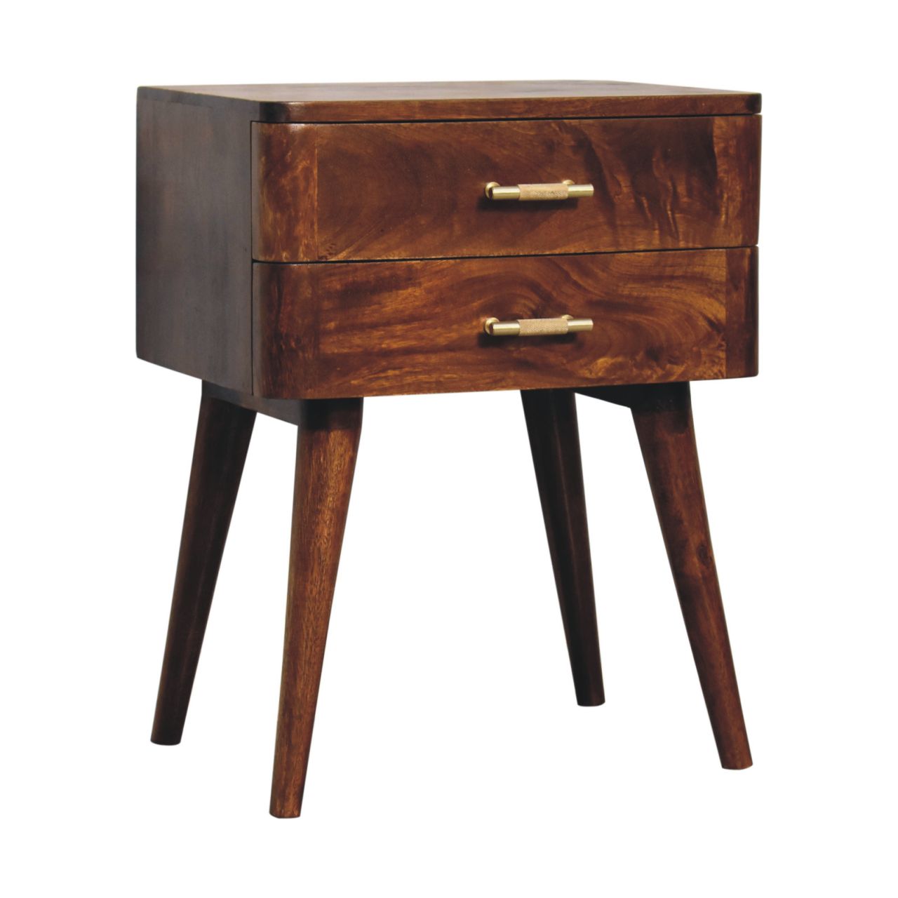 Solid Wood Bedside, T-Bar Nordic 2 Drawers, Dark Brown Chestnut