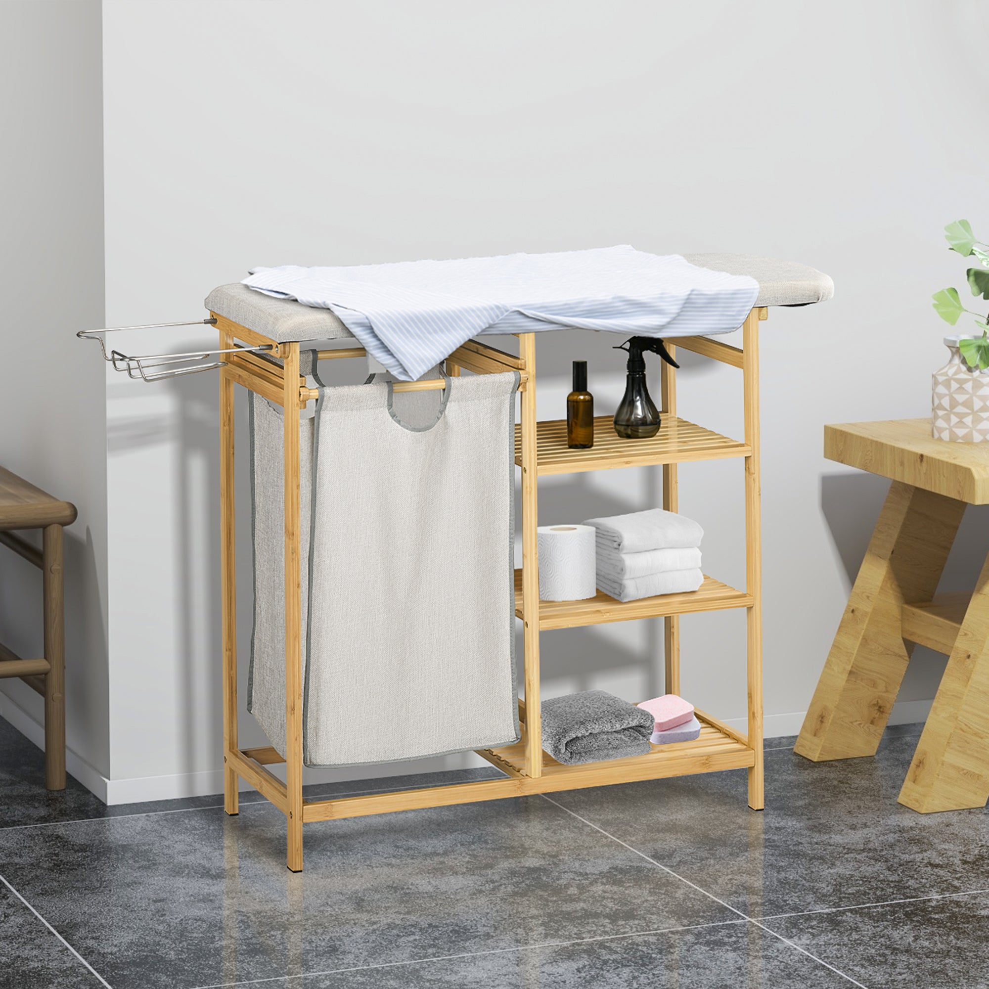 Laundry Basket Hamper with Ironing Board, 3-Tier Shelf, Removable Bag