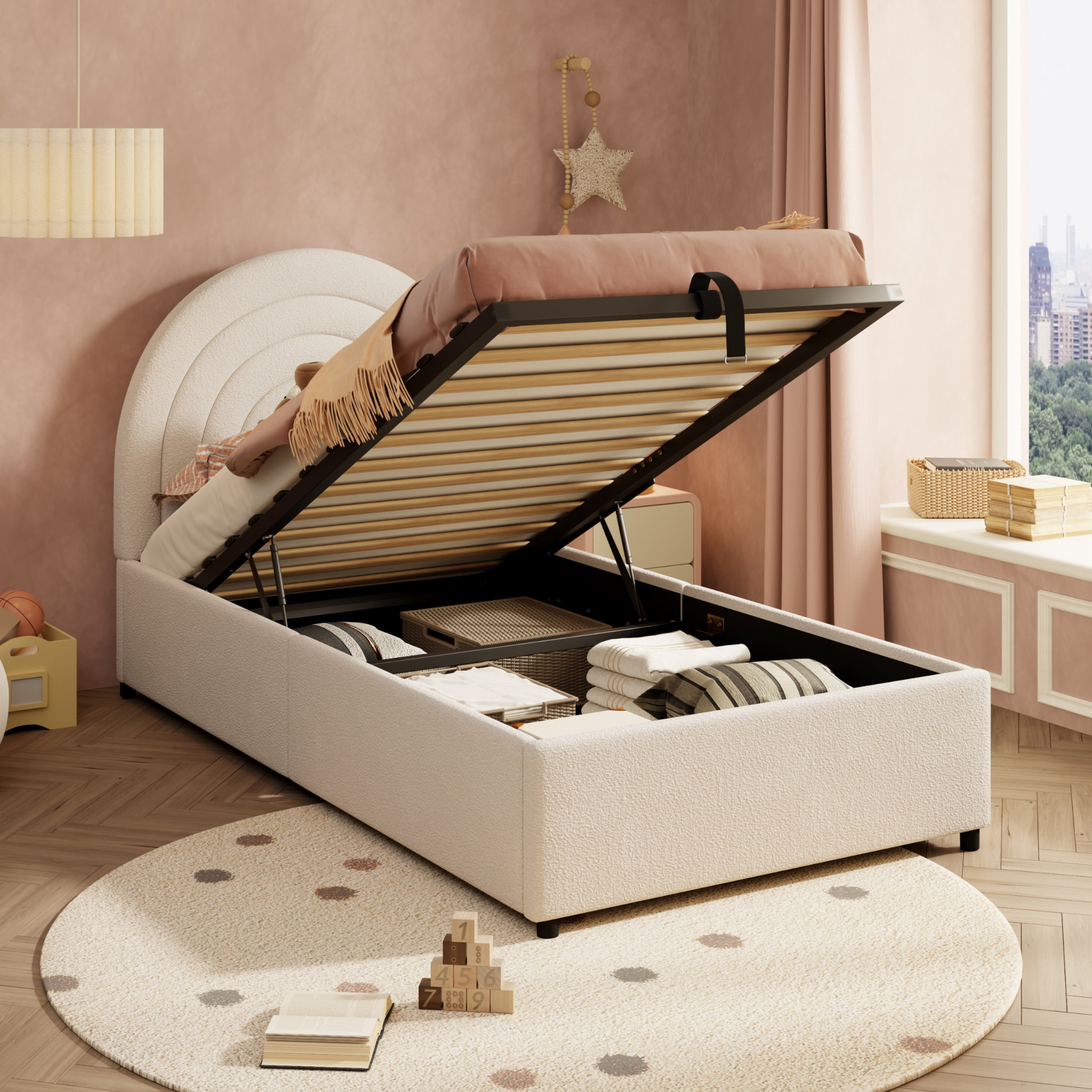 Upholstered Single Bed 90x200 with Slatted Base and Headboard, Beige Bouclé