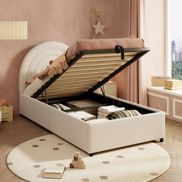 Upholstered Single Bed 90x200 with Slatted Base and Headboard, Beige Bouclé