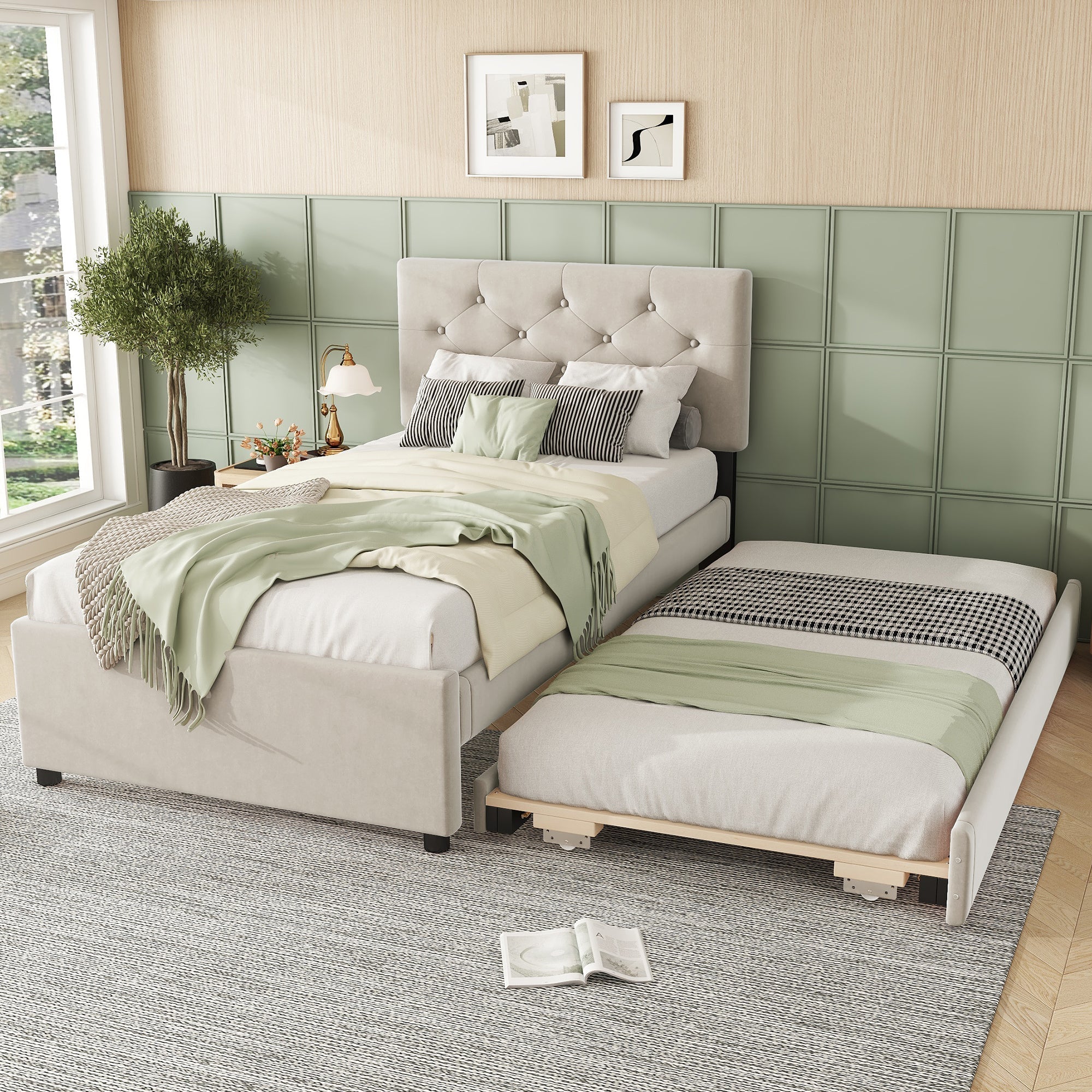 Upholstered Bed with Slatted Base and Rolling Storage, 90x200cm, Beige Velvet