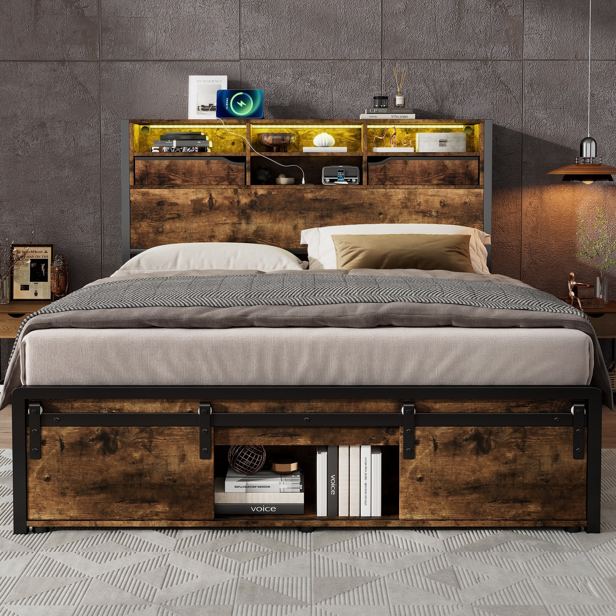 Metal Iron Bed 4ft6 Double 135x190cm with Multi-Color LED Lights, Charging Port (2A/1C), Storage, Black + Wood