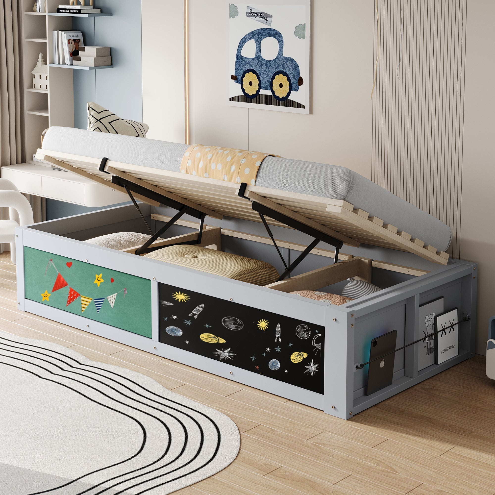 Children's Bed 90x200cm Hydraulic Adjustment Writing Surface Storage Felt Top Grey