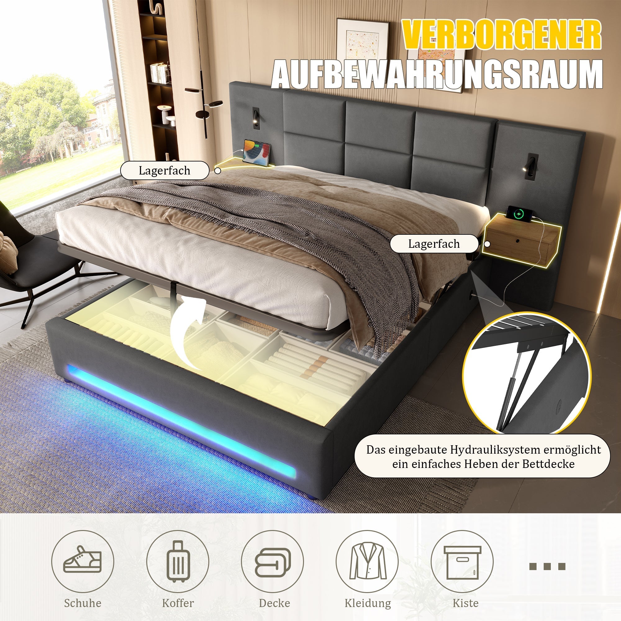 European Upholstered Bed 180x200cm Storage LED USB-C Velvet