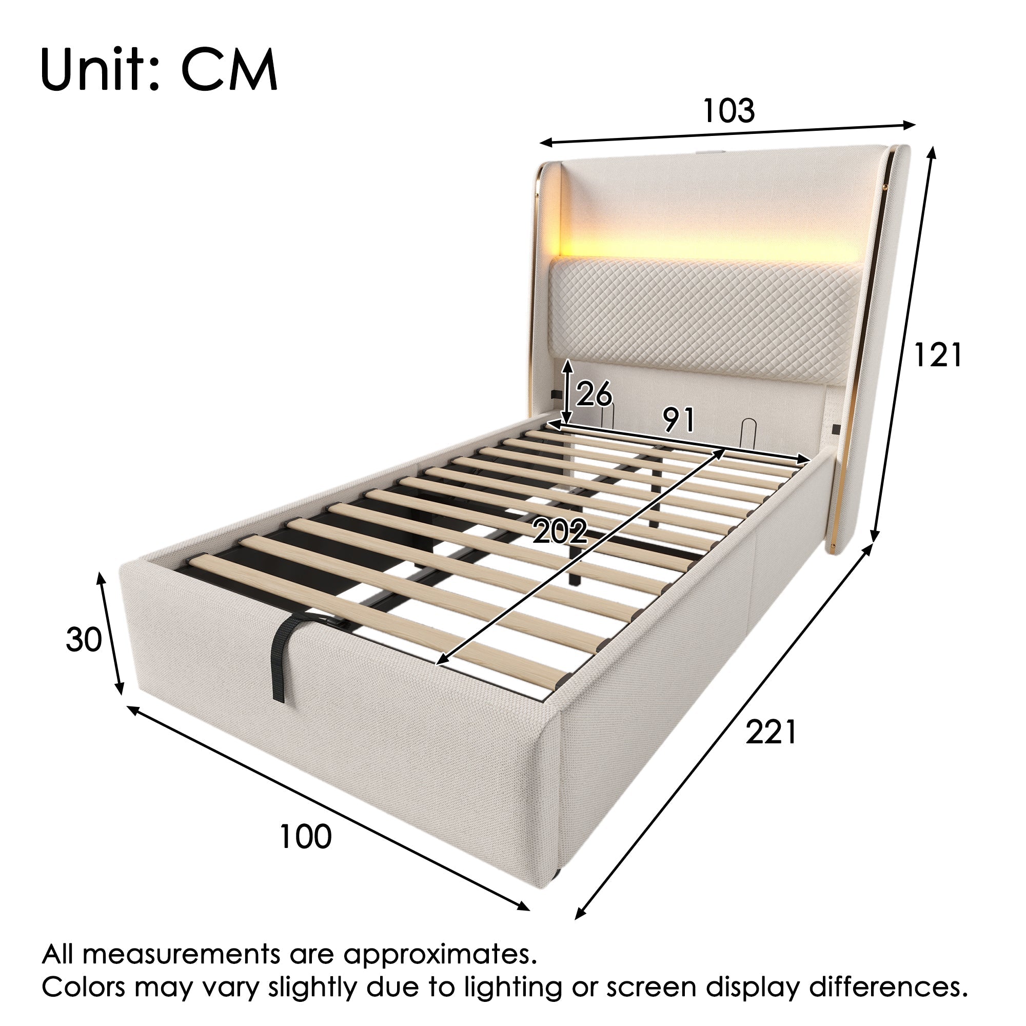 Hydraulic Bed, 90x200cm Single LED Storage USB/Type-C, Linen Look Beige