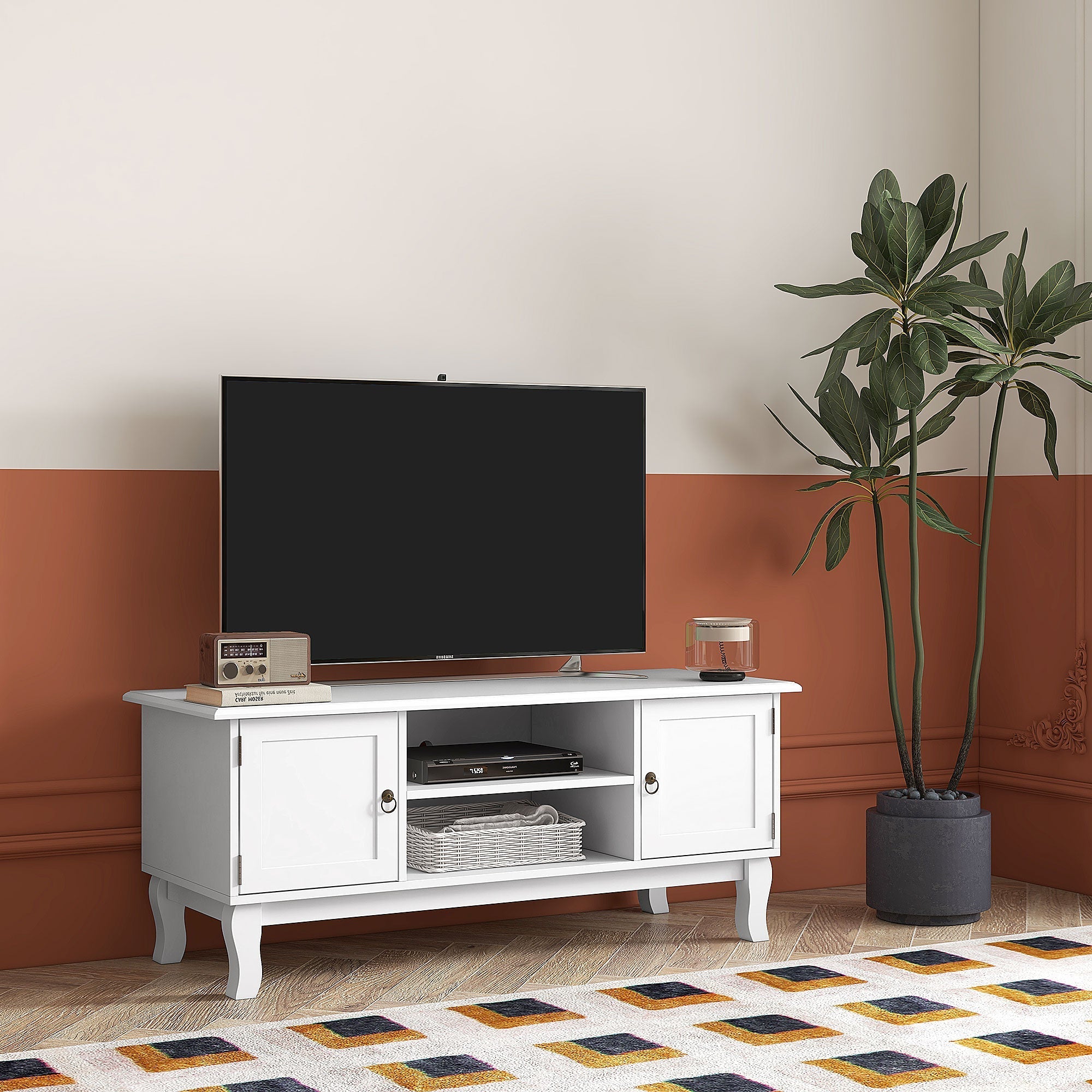 TV Unit 55" Cabinet, 2 Doors Open Storage Cable Management, White