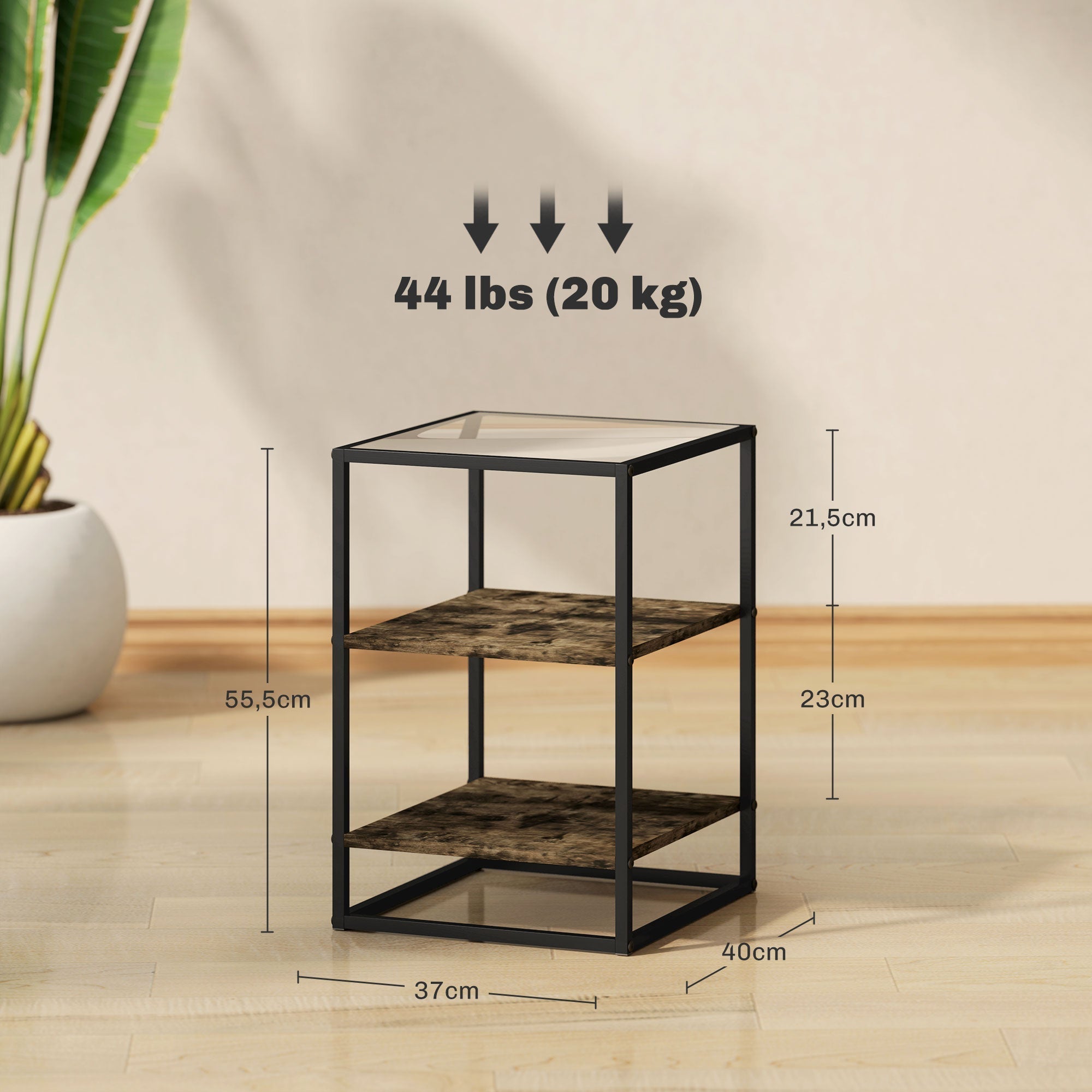 Set of 2 coffee tables, glass tops, 3 levels, rustic brown