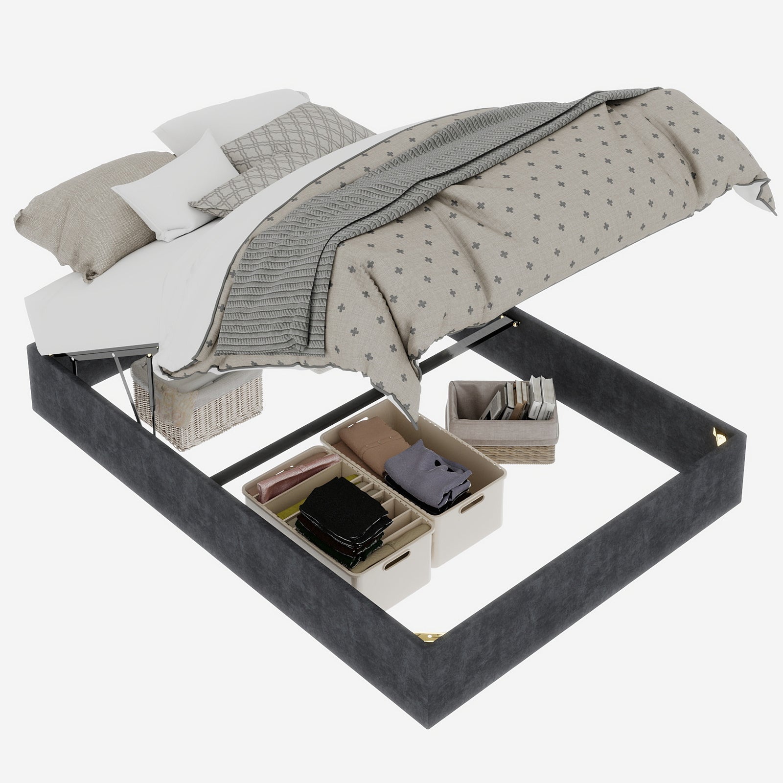 Bed Frame 140x200cm Gas Lift Storage, Grey Dutch Velvet Fabric