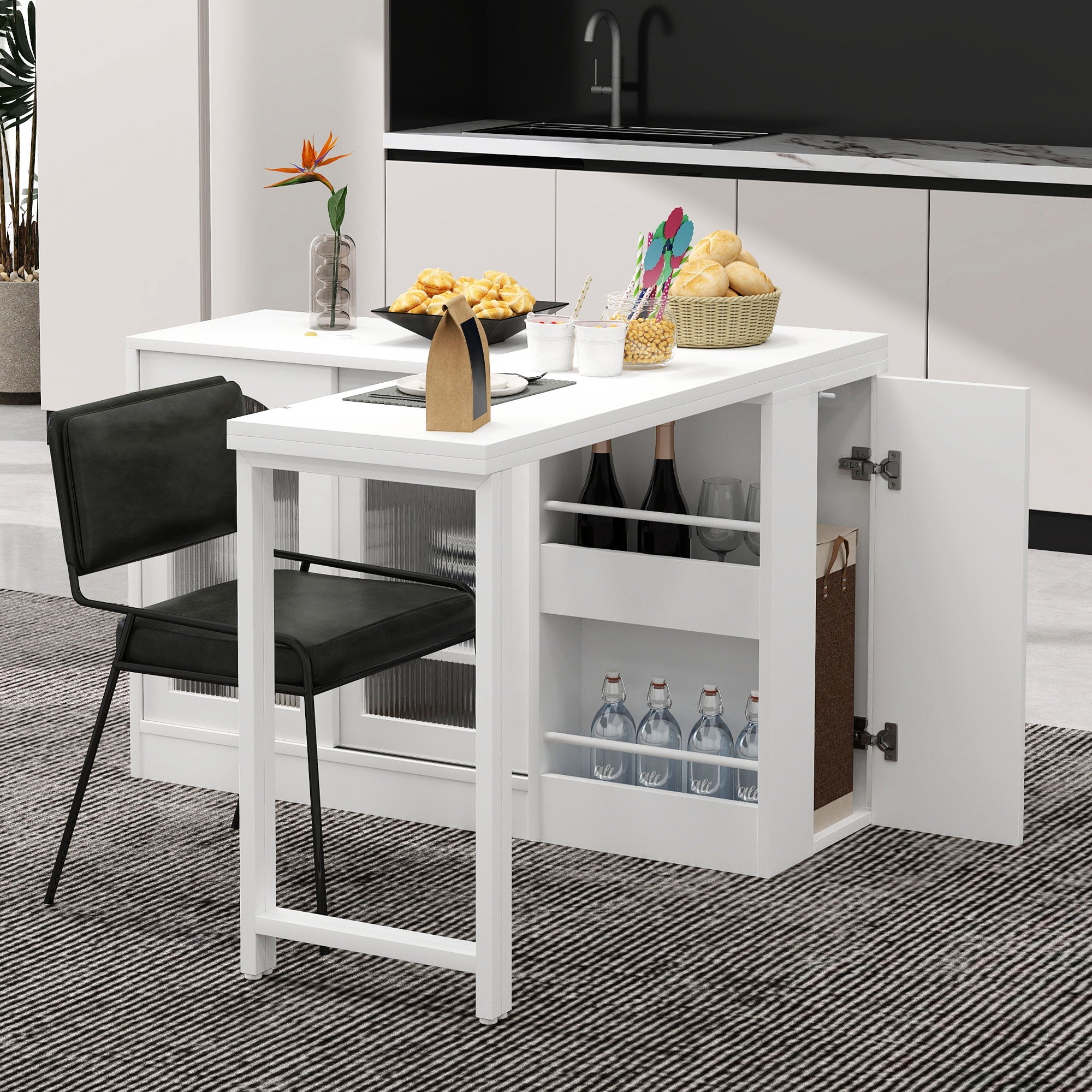 Bar Table, Extendable 360° Rotating with Storage & Glass Door, White