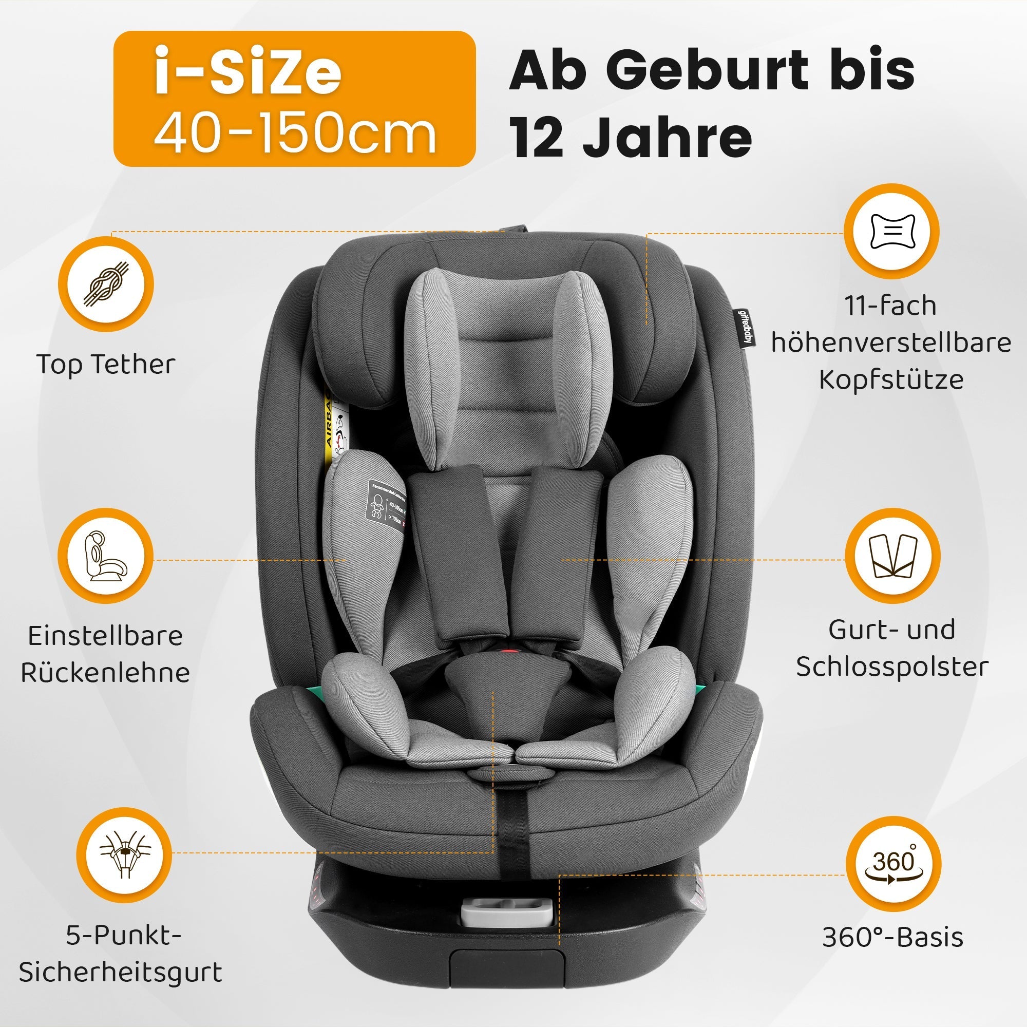 Child Car Seat 360° Rotating ISOFIX i-Size 40-150cm - Grey