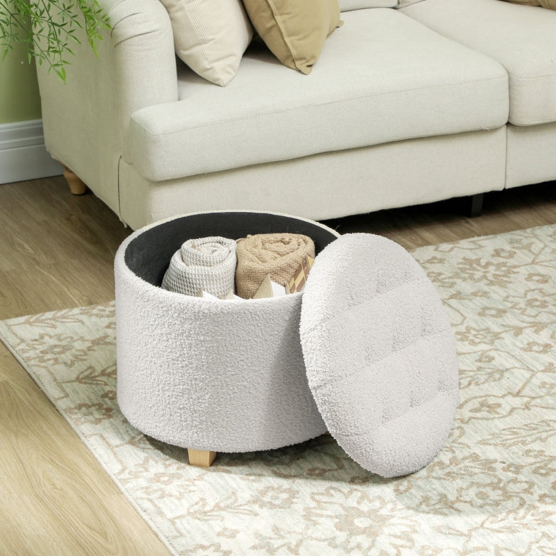Stool with Storage Space, Round Footstool, Wooden Legs, White