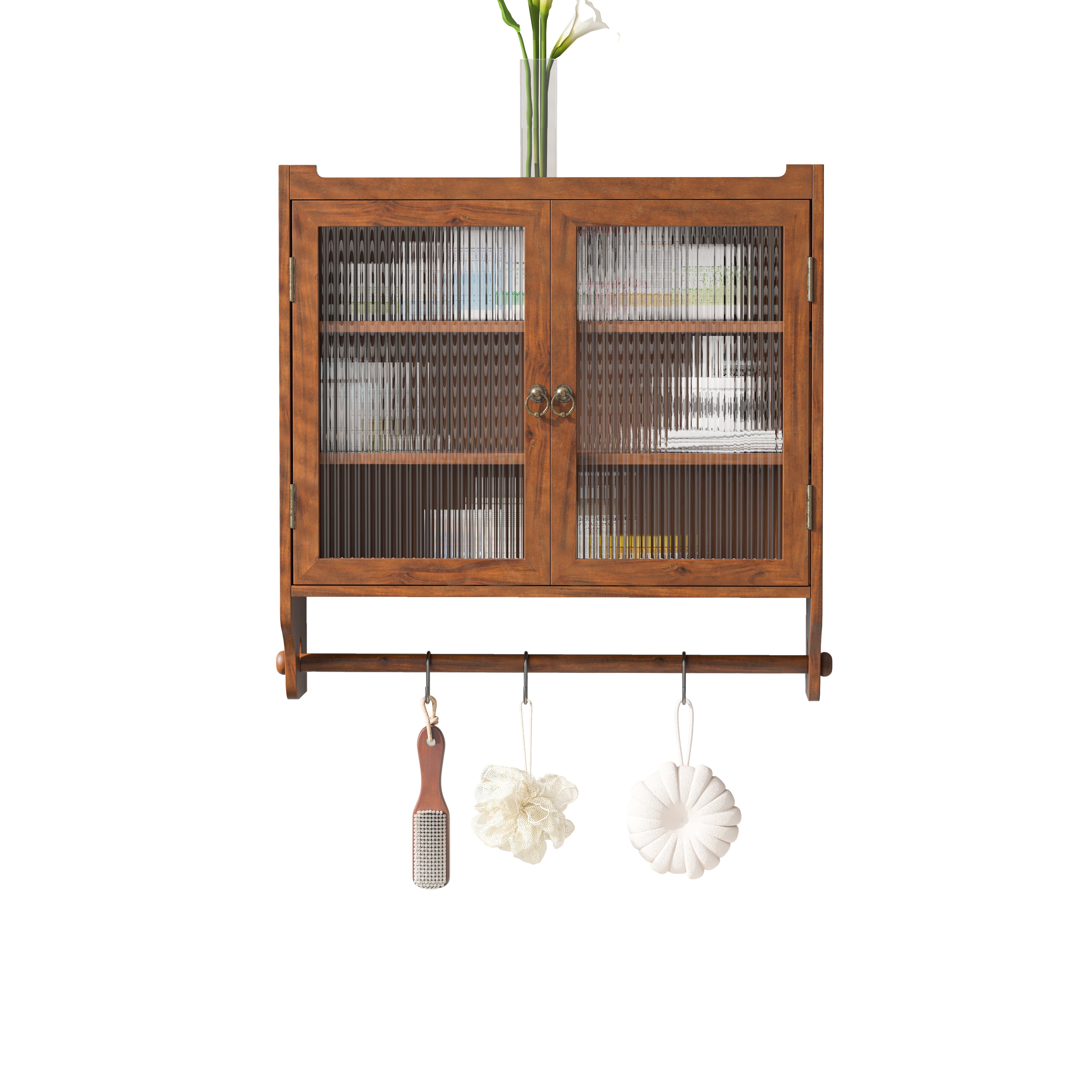 Wall Cabinet 63CM, Double Door Vintage Glass with 3 Tiers, Towel Rack, Brown
