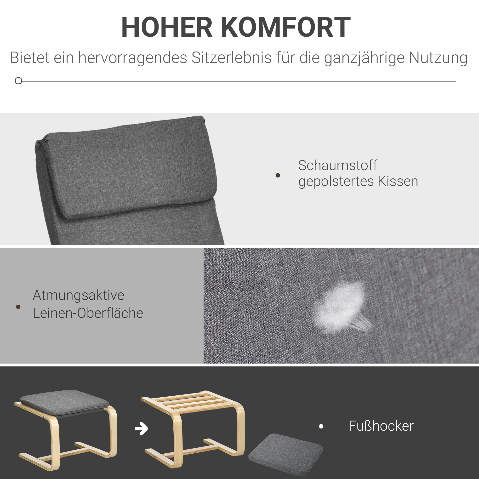 Entspannender Sessel mit Fußhocker, Ohrensessel, Graues Leinen