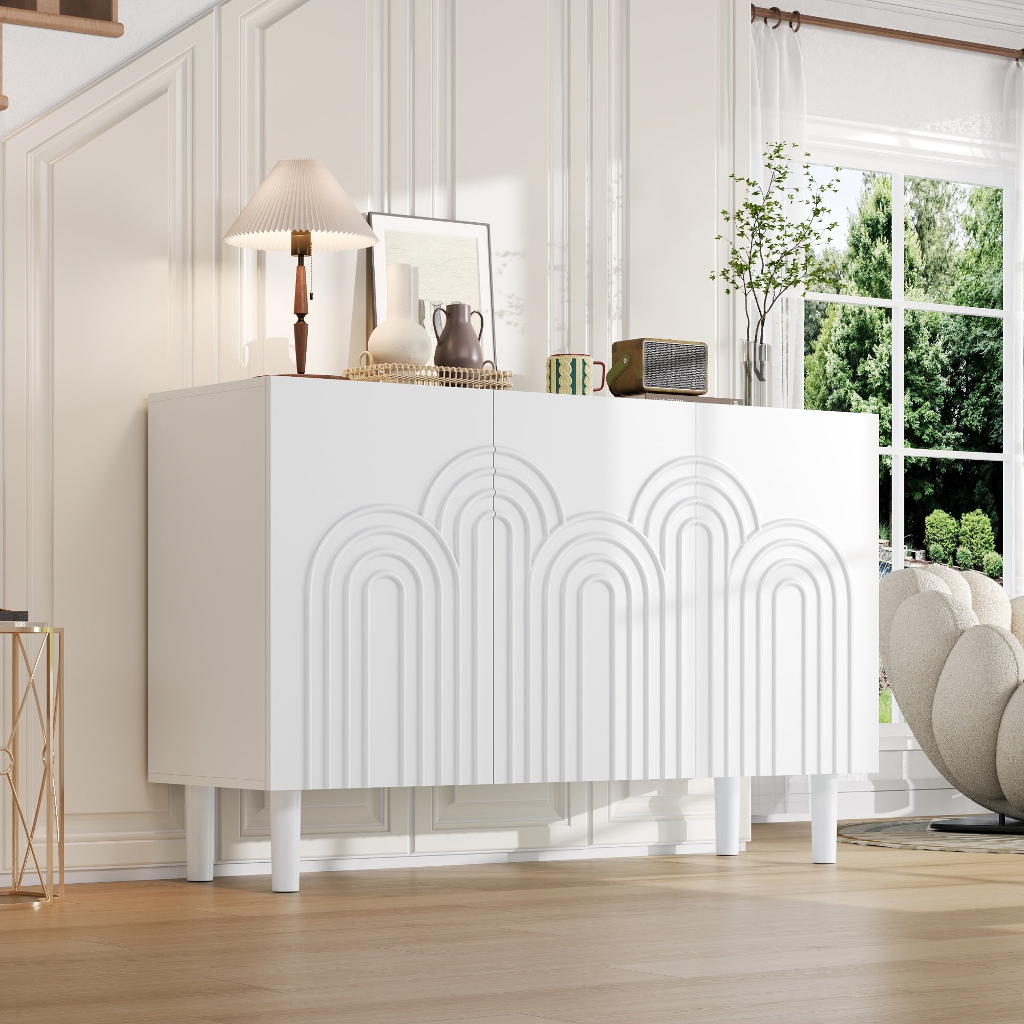 Sideboard Cabinet, 3 Doors Large Storage Adjustable Divider, White MDF