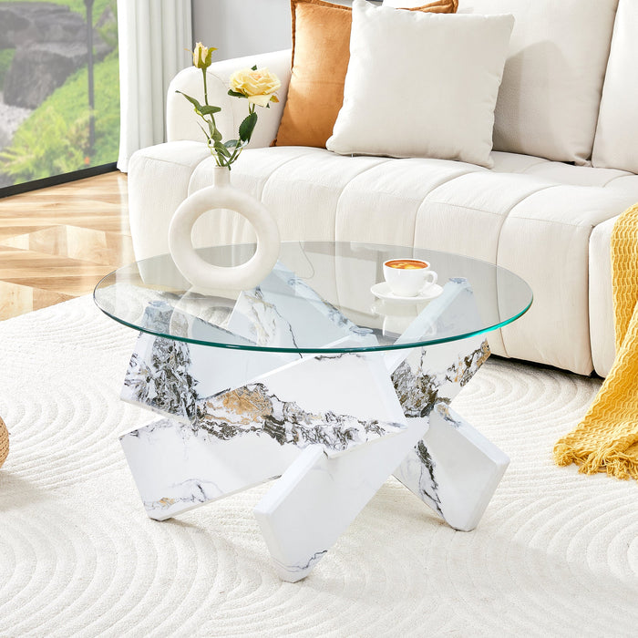 Round Coffee Table Glass Top 79cm Marble Look Legs - Multi-color