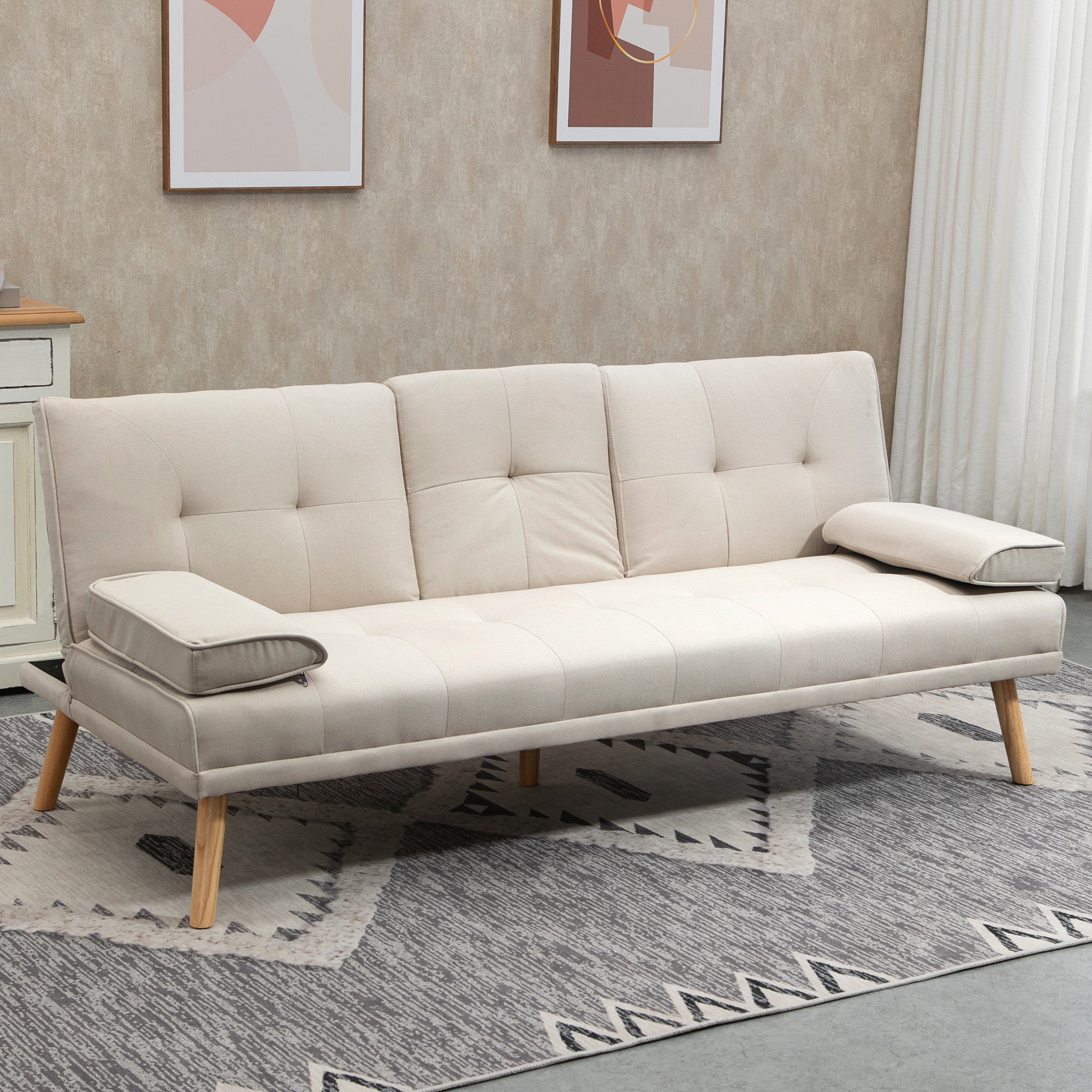 3-Seater Sofa Bed, Fold-Down Table Scandinavian Design 250kg Capacity, Linen Look Fabric