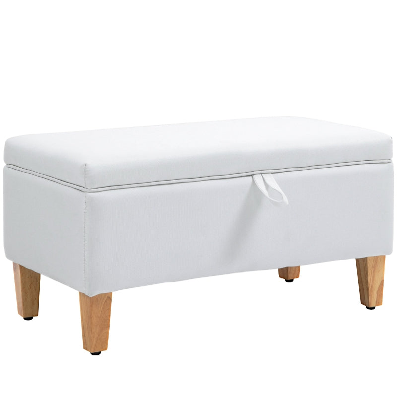 Linen Storage Ottoman Padded Footstool, Rubberwood Legs, Cream White