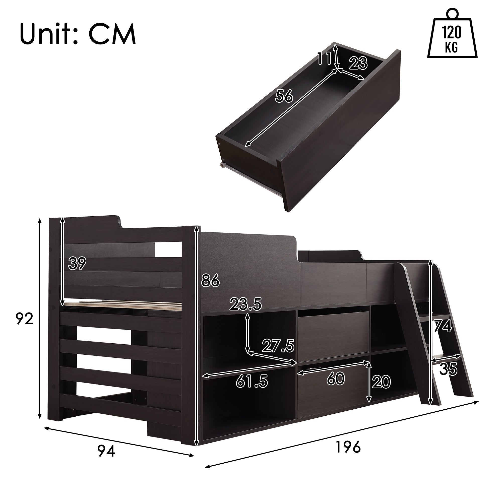 3ft Single Mid Sleeper Cabin Bed with Drawers & Shelf Storage – Wooden Frame