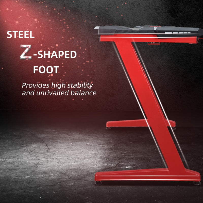 Gaming Desk with Headphone Hook, Cup Holder, Gamepad Rack, Carbon Fibre Black and Red