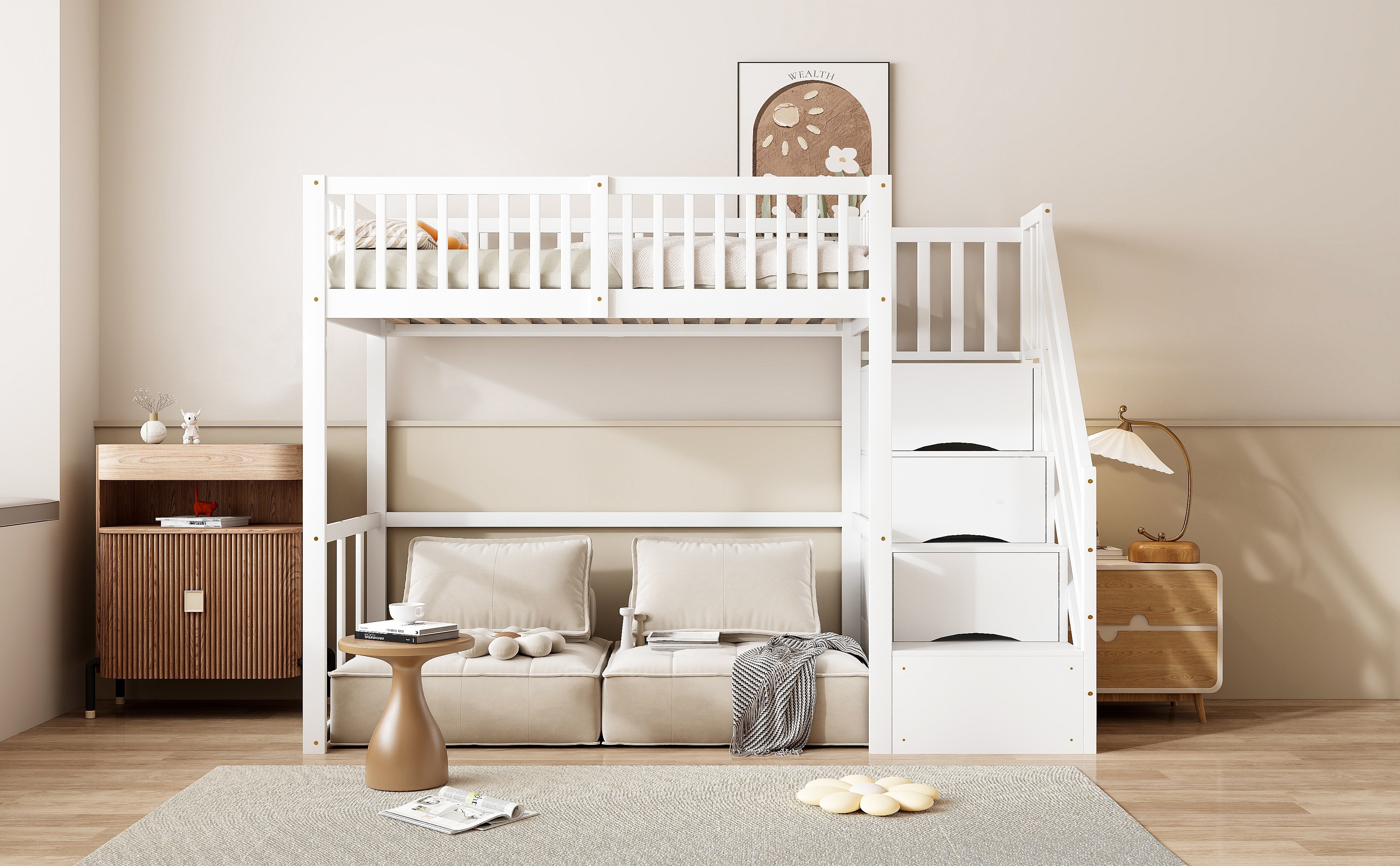 Loft Bed with Safety Storage Ladder, 90x200cm, White Solid Pine Wood