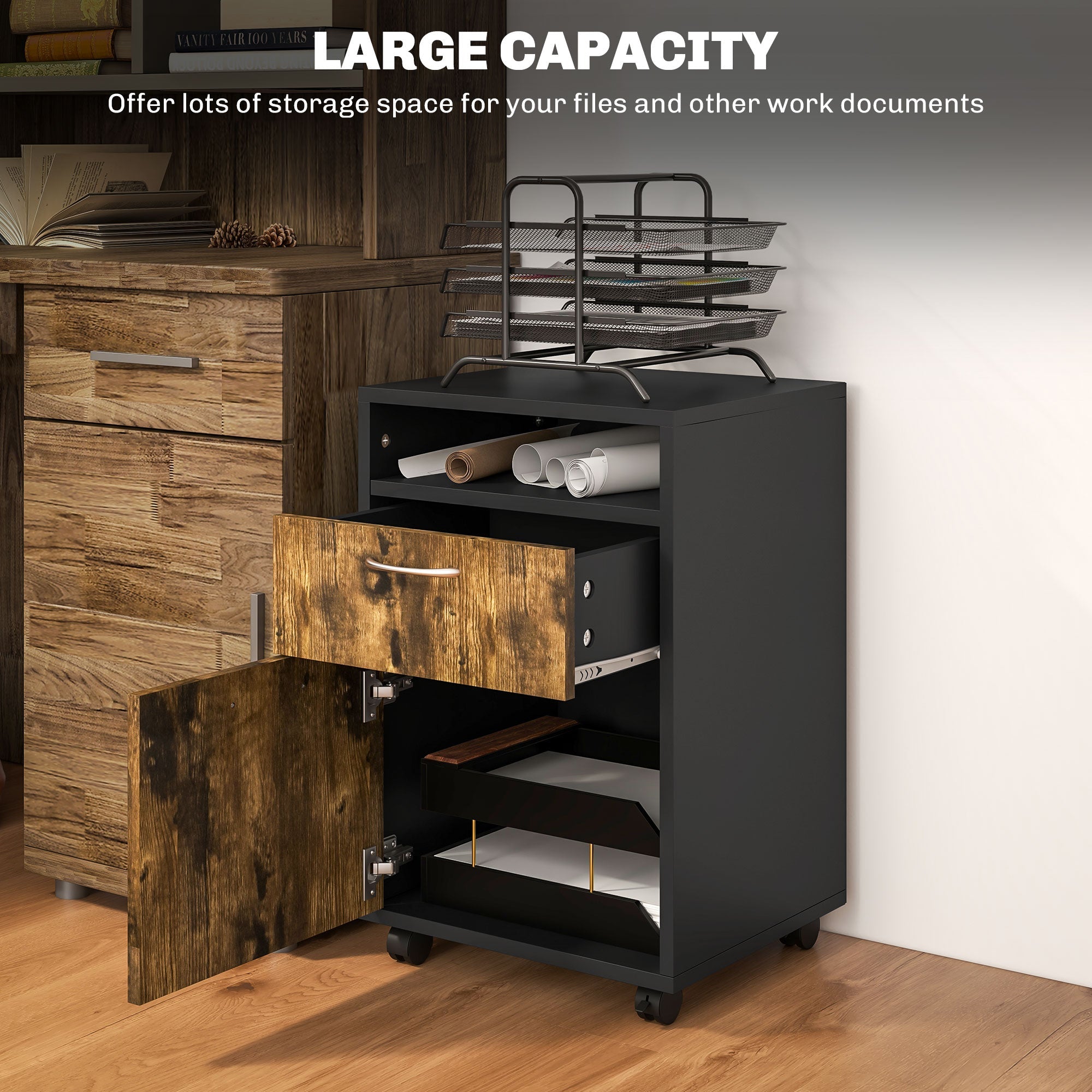 Filing Cabinet 60cm Drawer Open Shelf Mobile Wheels Rustic Brown