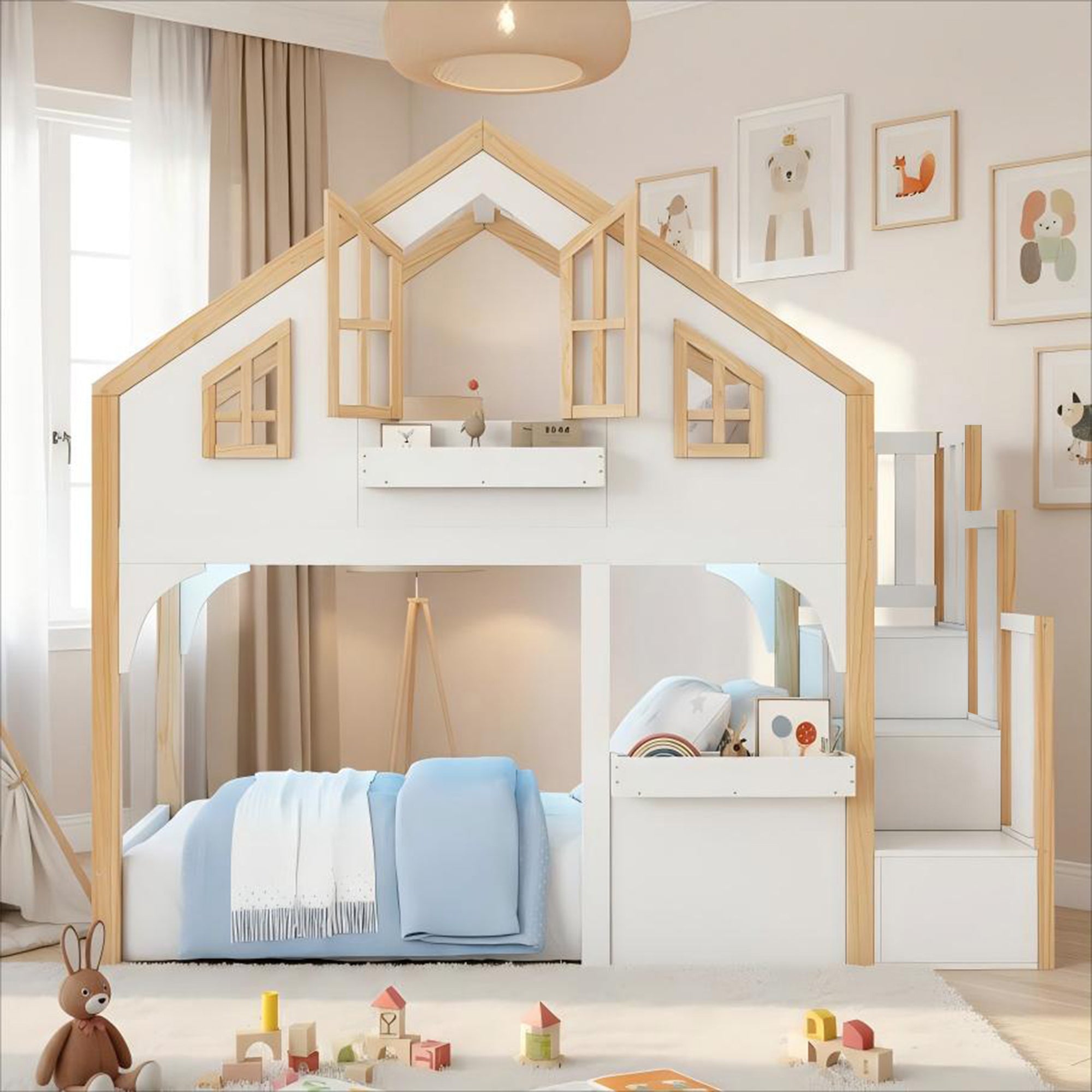 Bunk Bed House 90x200cm Wooden with LED Storage Stairs White + Natural