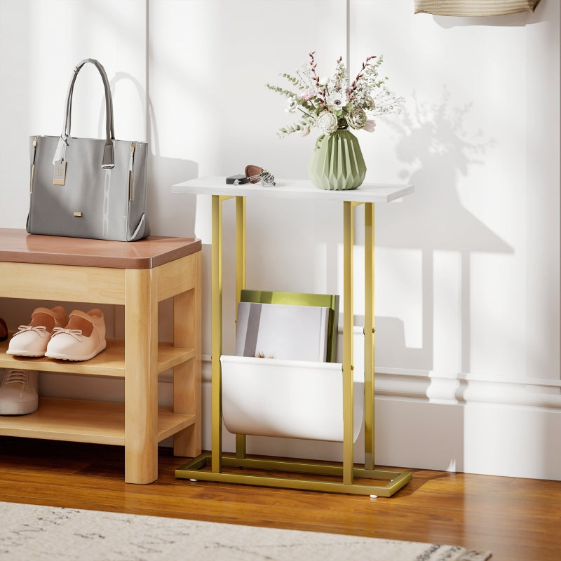 Narrow Side Table End Table Nightstand with Magazine Holder, White Marble Grain