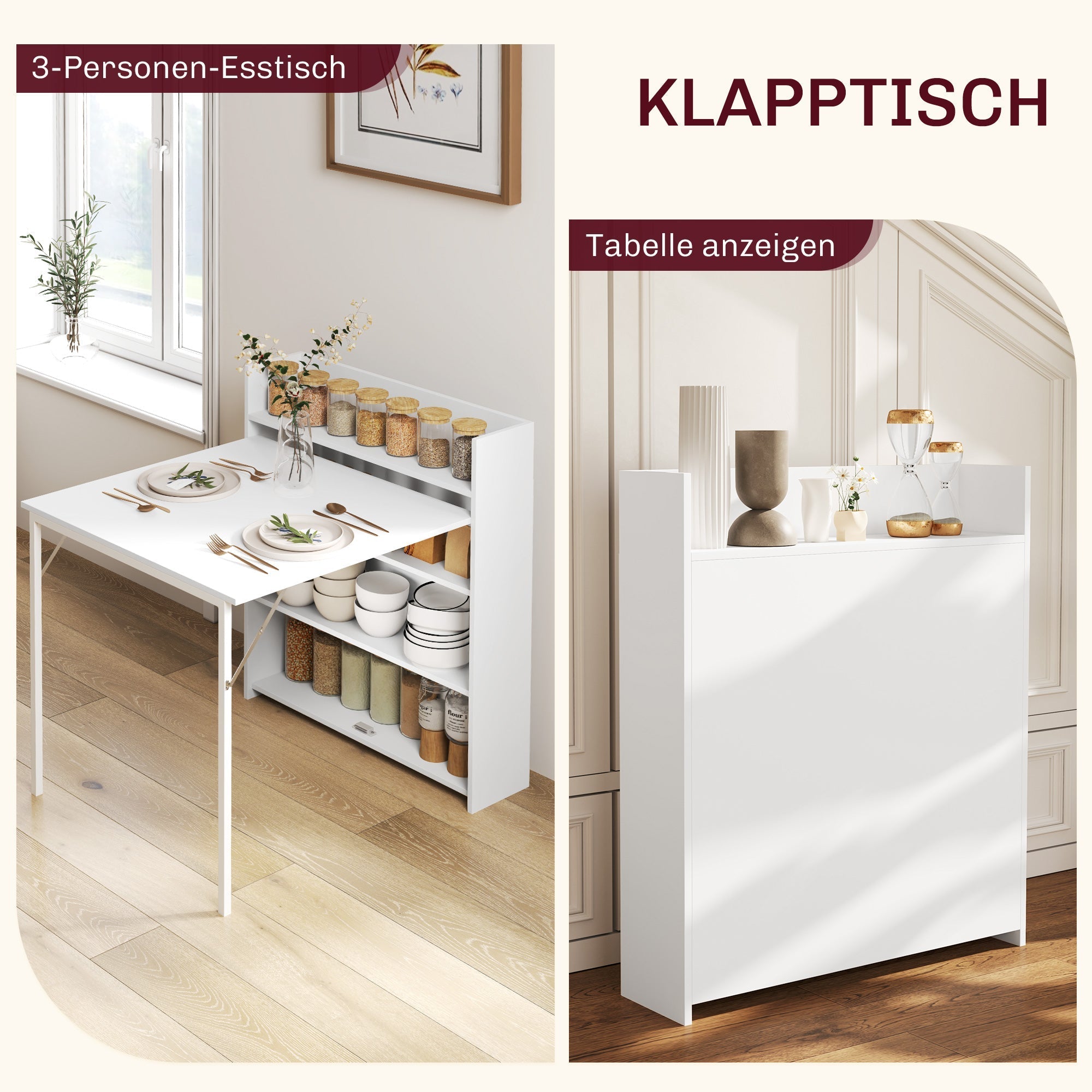 Folding Dining Table Space-Saving 4 Shelves Anti-Tip - White