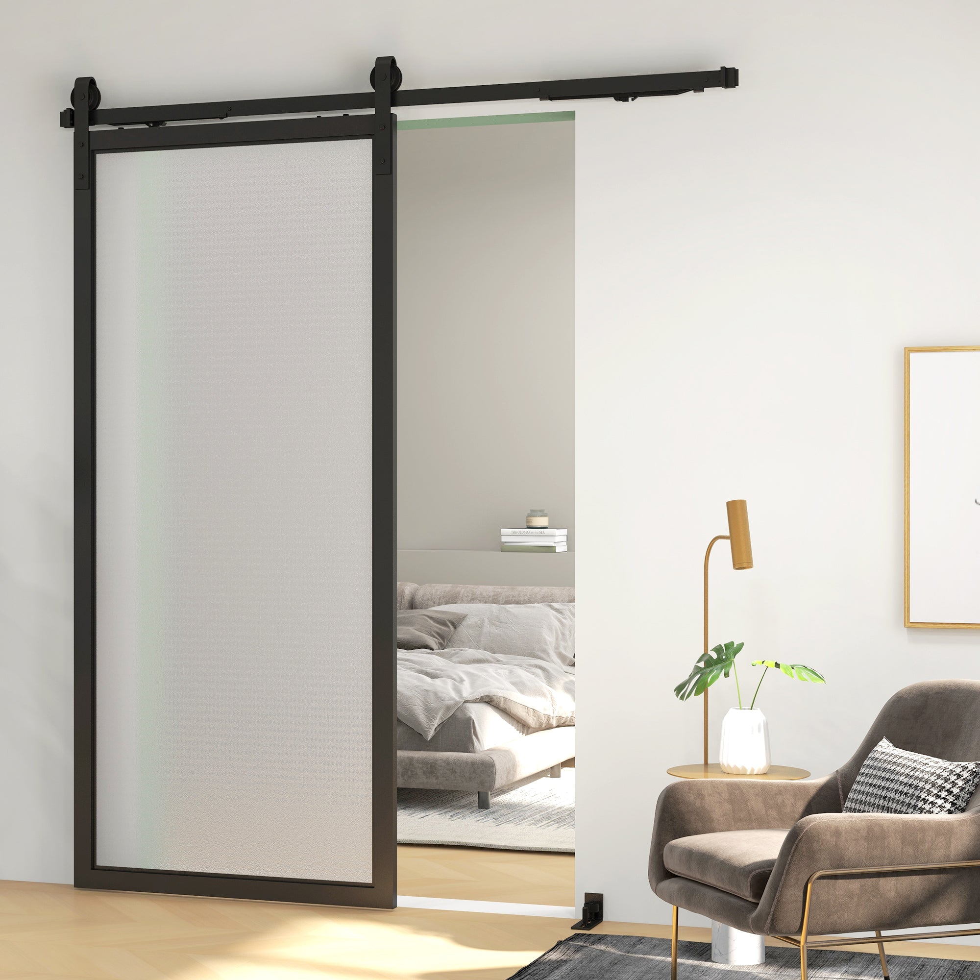 Sliding Door Hardware Set 183cm, Rails Rollers Anti-Jump Devices, Carbon Steel Black