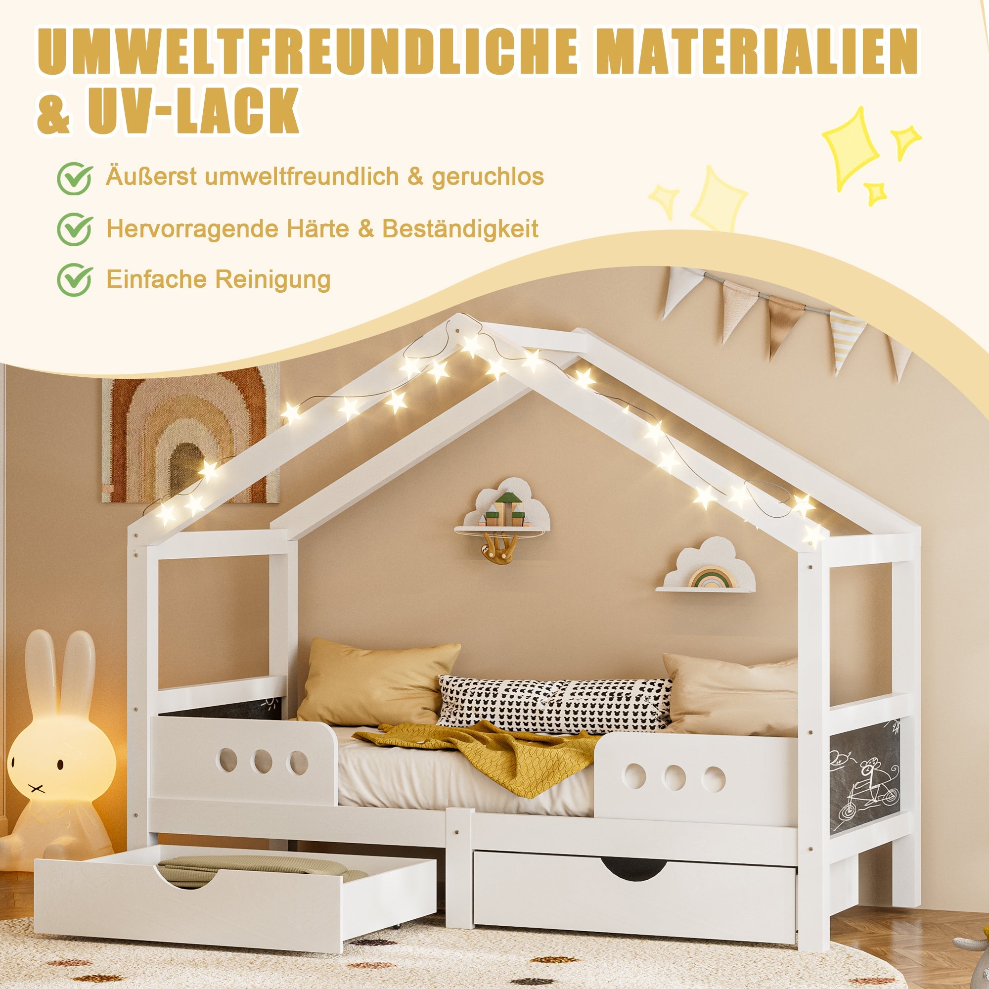 Children's Bed, Roof Design with 2 Drawers, UV Varnish Wood+MDF