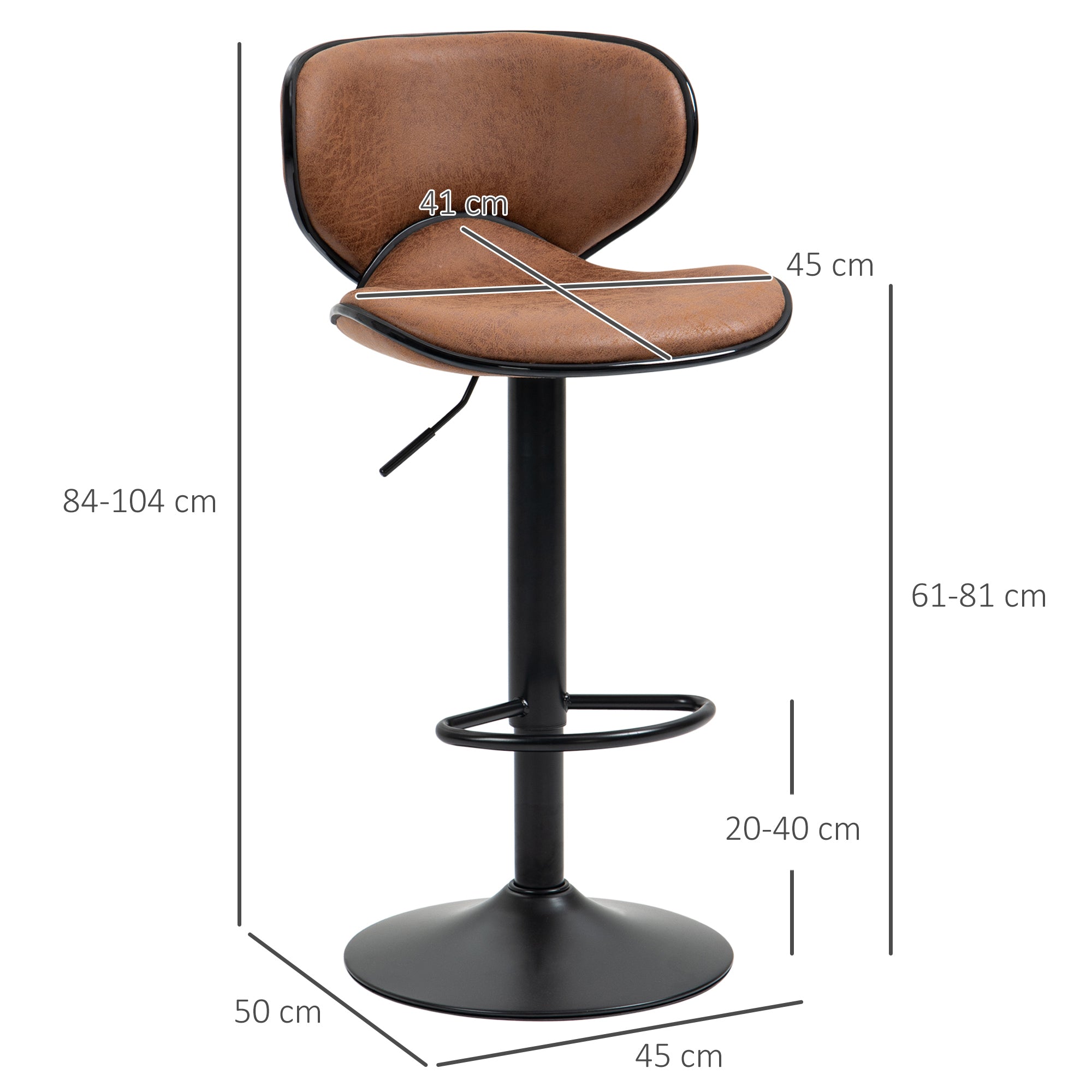 Bar Stool Set of 2, Adjustable Height Armless with Swivel Seat, Microfiber Cloth, Brown