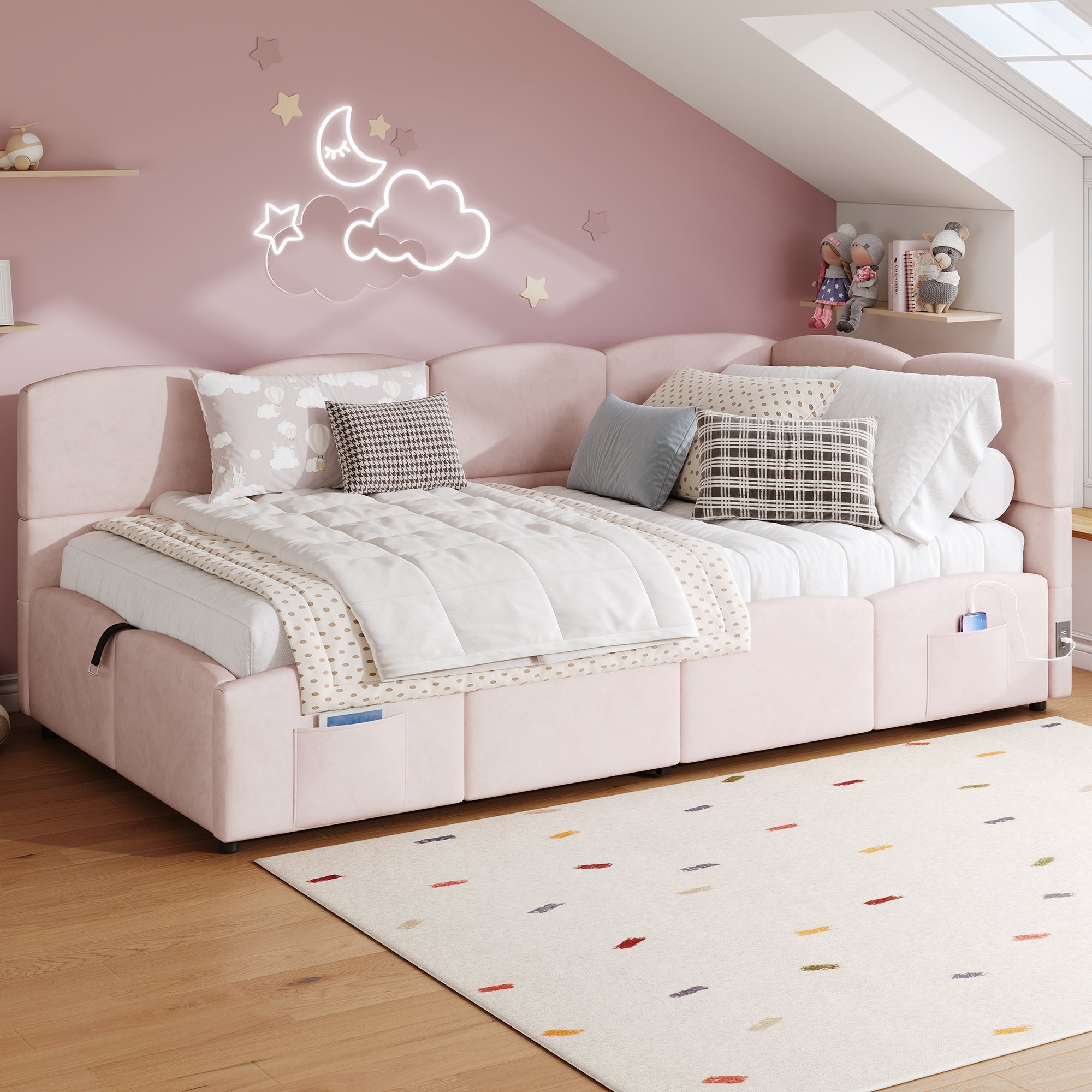 Upholstered Bed with USB Charger and Storage, 90x200cm, Pink Velvet