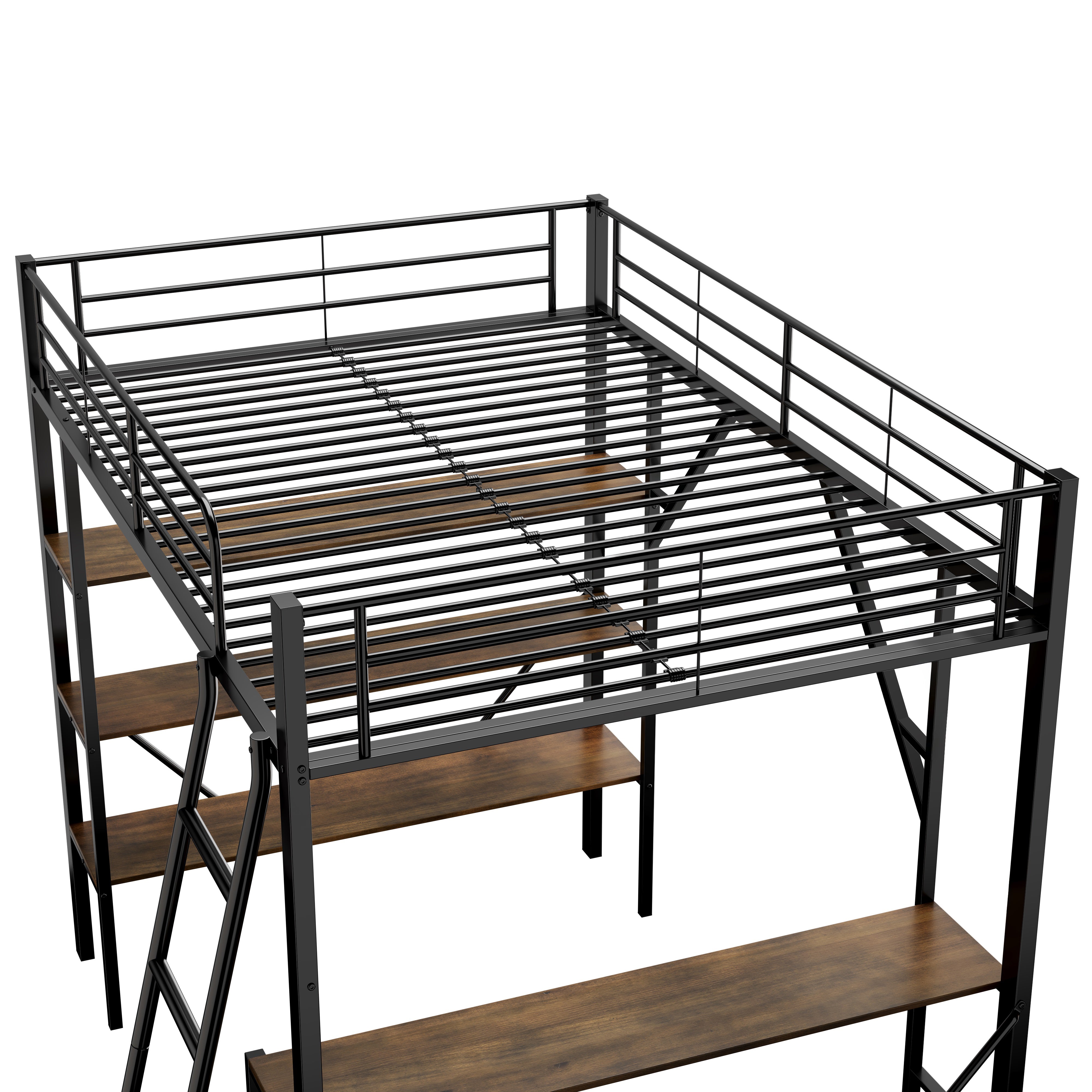 Loft Bed 90x200cm Iron Frame with Desk 3 Shelves Black